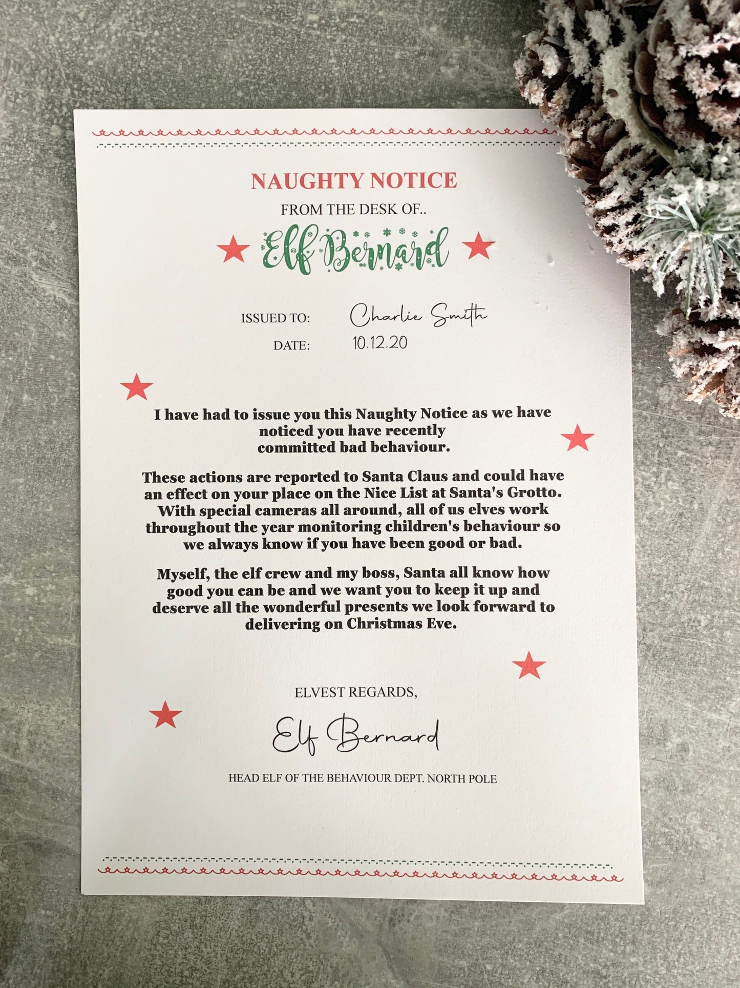Christmas naughty notice, personalised letter from the elves, North Pole letter, children letter from Santa, father Christmas print,