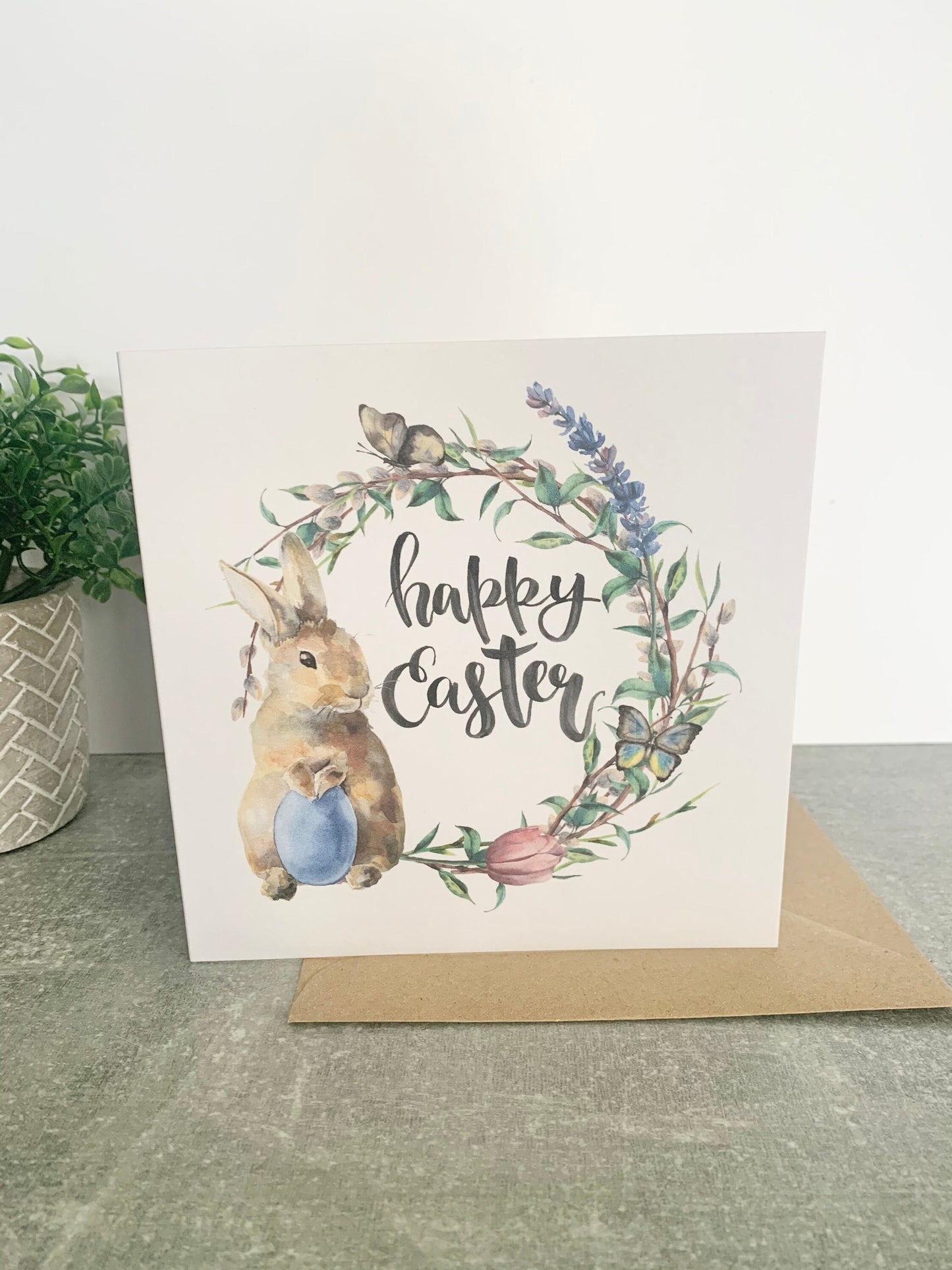 Happy Easter Greetings card, bunny rabbit floral design Easter card for children and adults, spring cards, cards for Easter