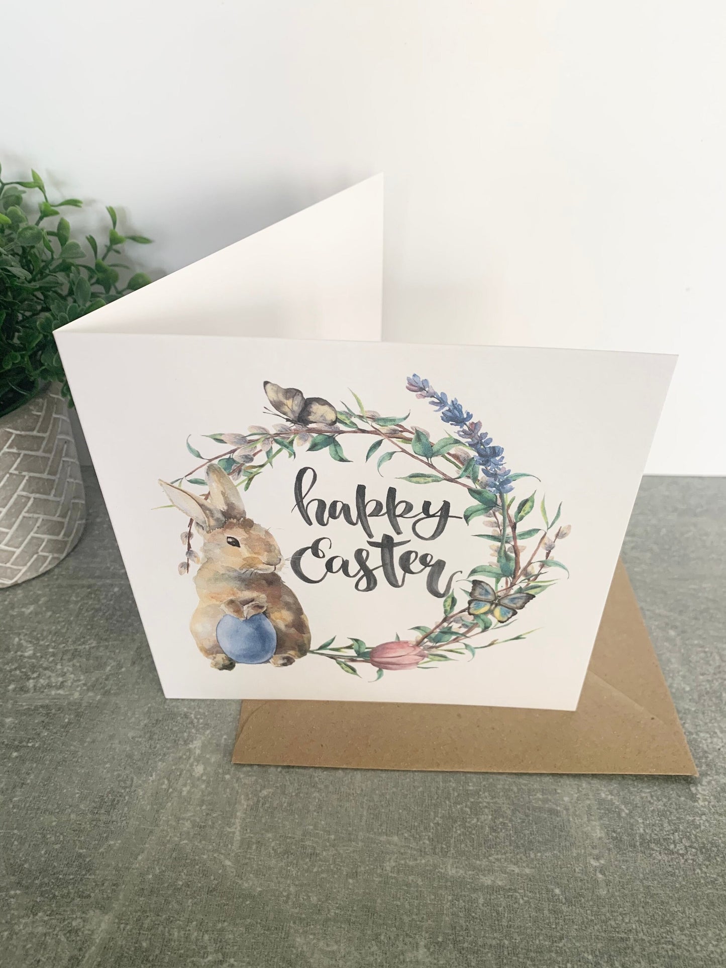 Happy Easter Greetings card, bunny rabbit floral design Easter card for children and adults, spring cards, cards for Easter