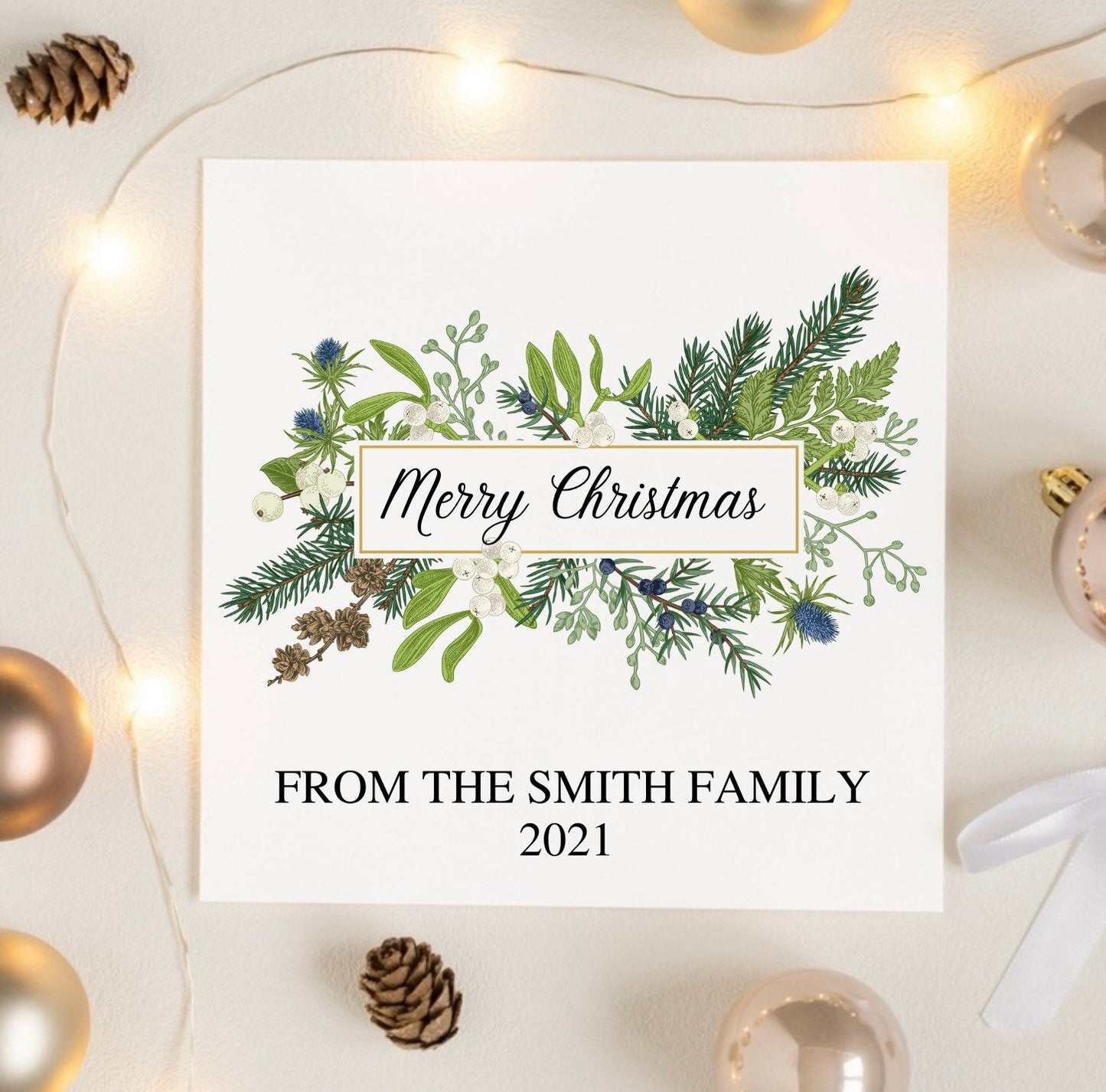 Personalised merry Christmas card, Xmas greenery plants card, Xmas cards from the family, eucalyptus Xmas cards