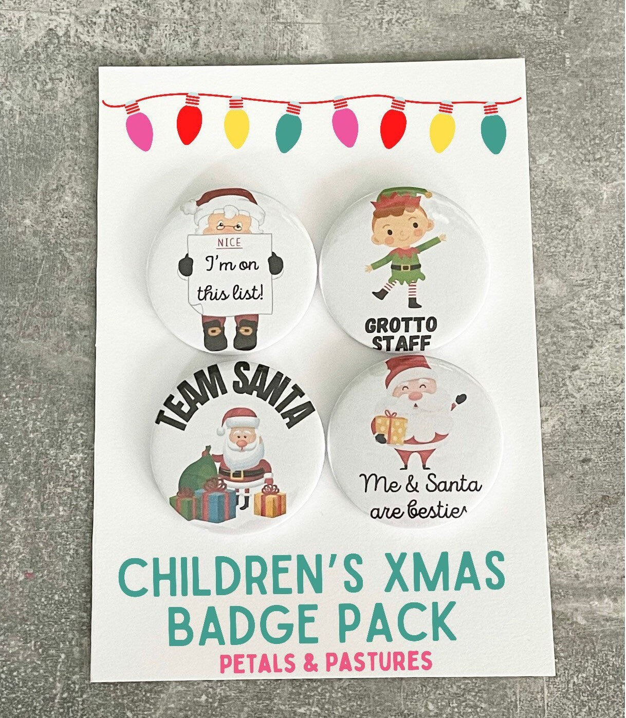 Children’s Christmas badge pack, 58mm Xmas badges for kids, team Santa, stocking filler, cracker fillers, secret Santa