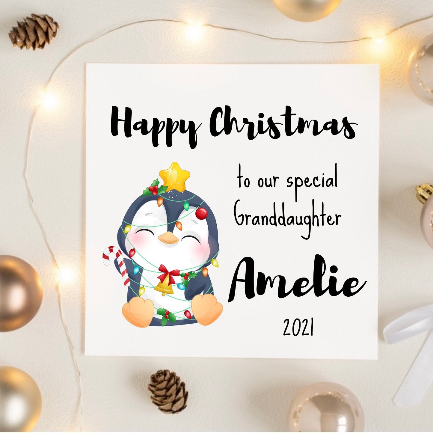 Happy Christmas to our granddaughter or grandson card, personalised Christmas cards for grandkids, penguin card, niece Xmas card