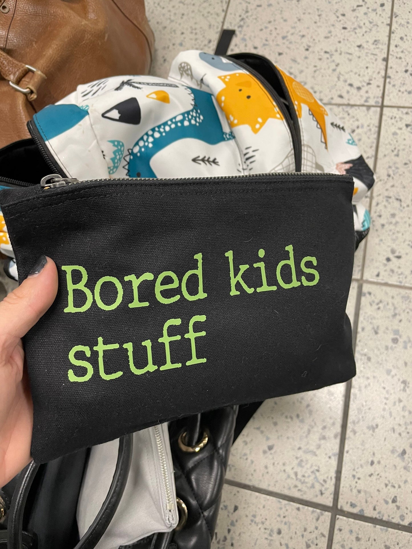 Kids stuff pouch, bored kids activity pack case, travel pouch for children, airplane and car travel with kids