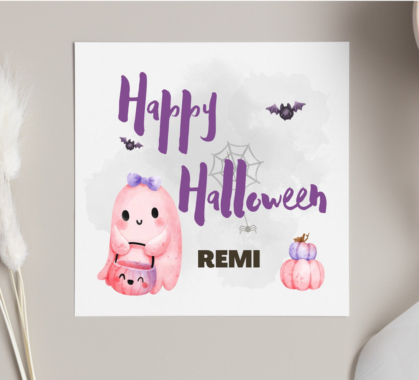 Girl Happy Halloween card, personalised pink Halloween card for daughter, granddaughter, niece. Pink ghost and pumpkin design