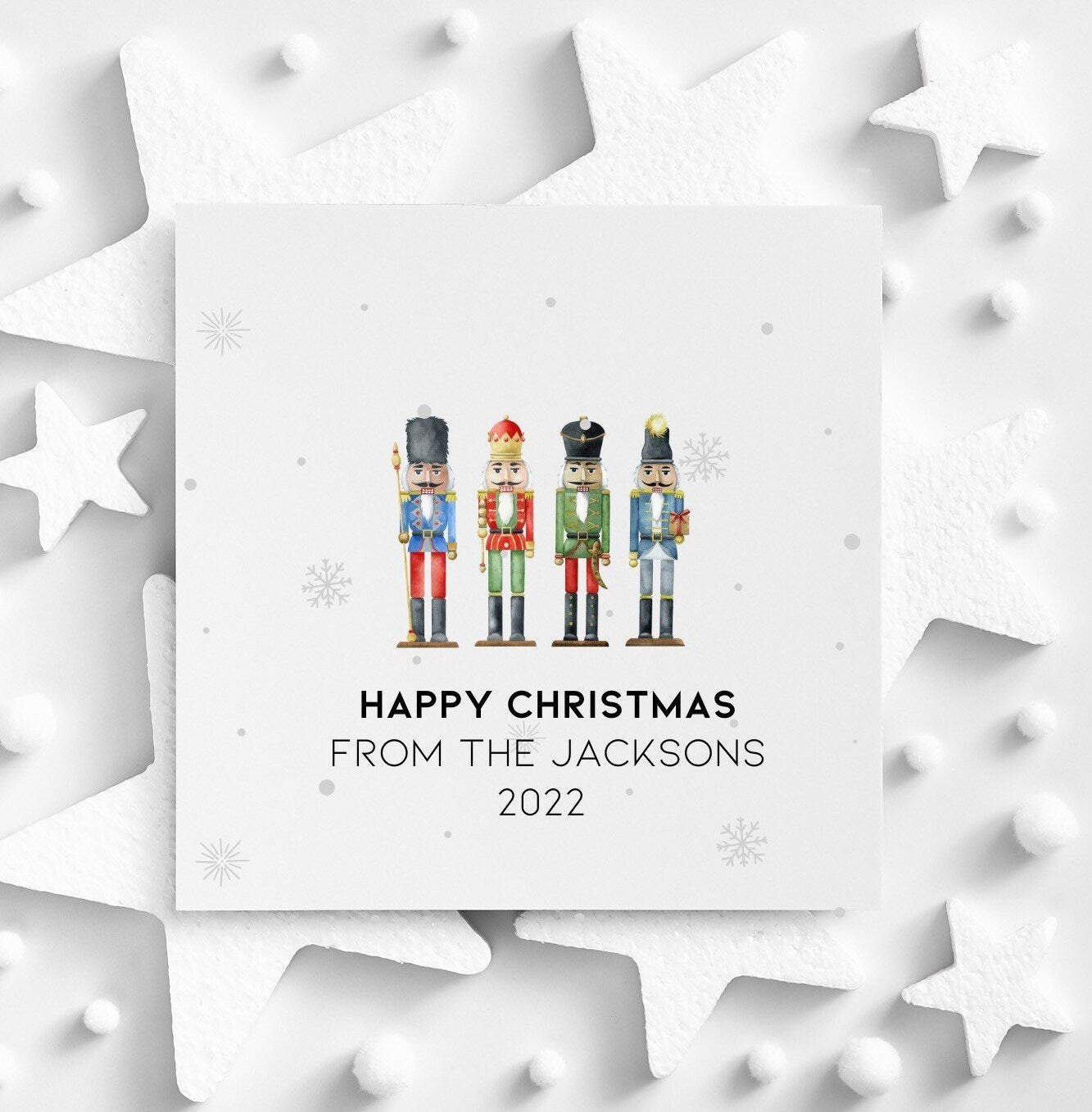 Happy Christmas From the family greeting card, personalised family name Christmas cards. Nutcracker design Xmas card