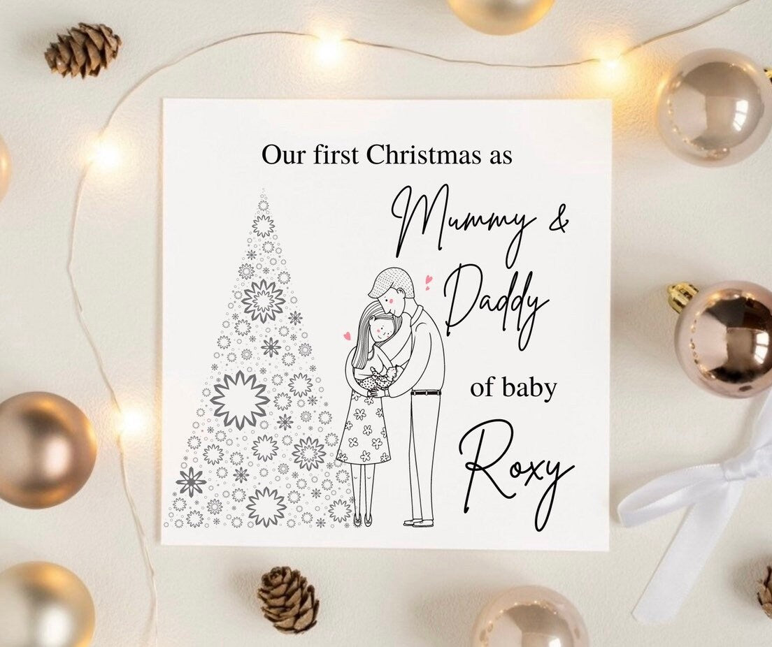 Your first Christmas as a Mummy and Daddy, our 1st Xmas as parents, personalised baby first Christmas greeting card