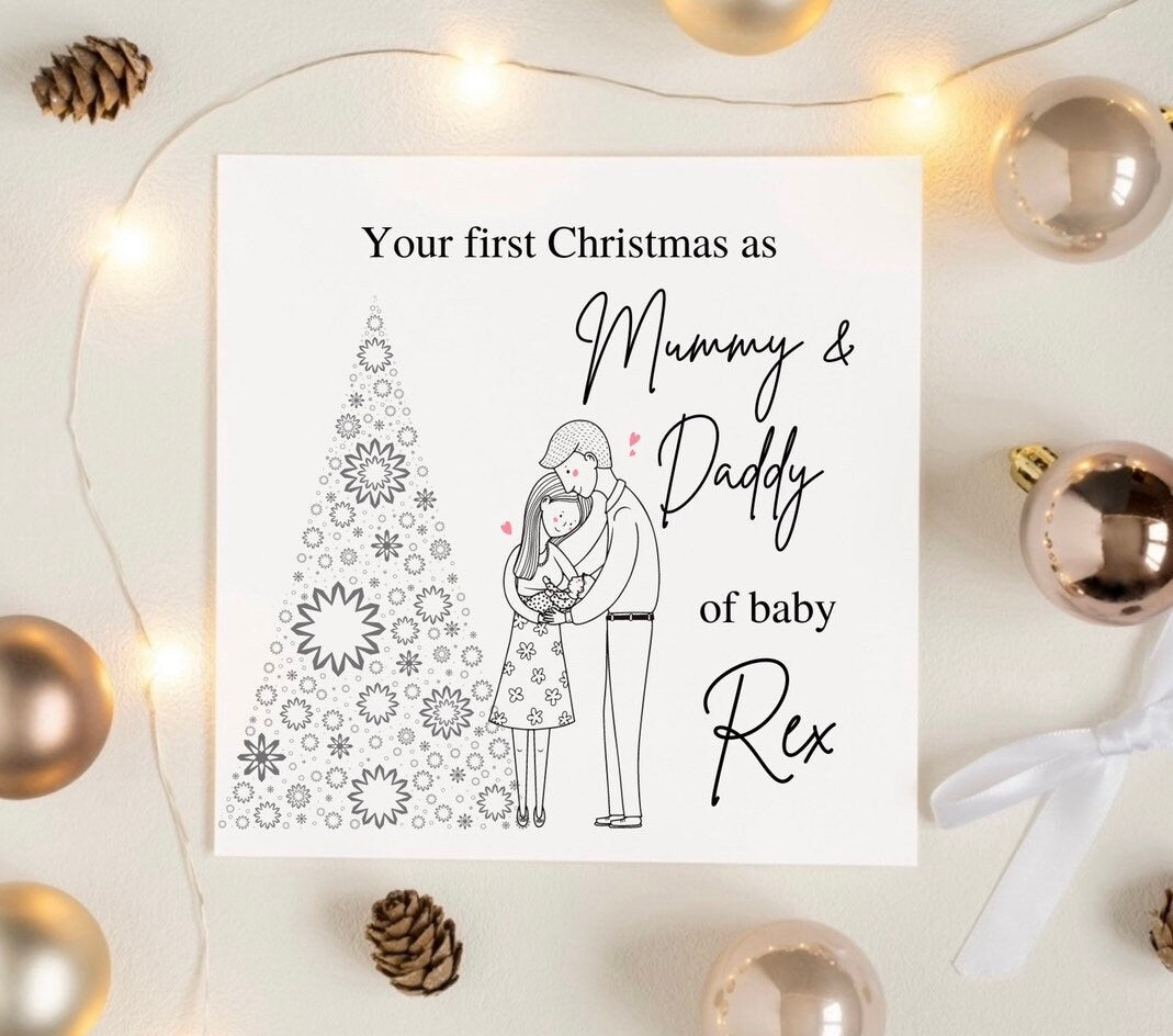 Your first Christmas as a Mummy and Daddy, our 1st Xmas as parents, personalised baby first Christmas greeting card