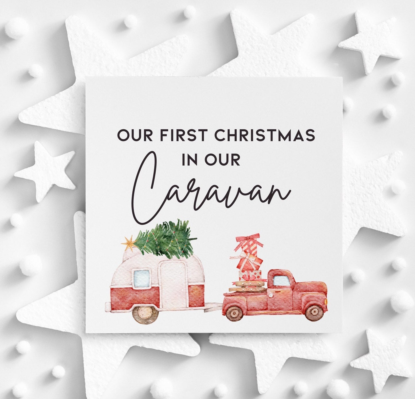 Our first Christmas in our caravan, Christmas card for travelling couples new caravan home, parents living in new park home, Xmas road trip