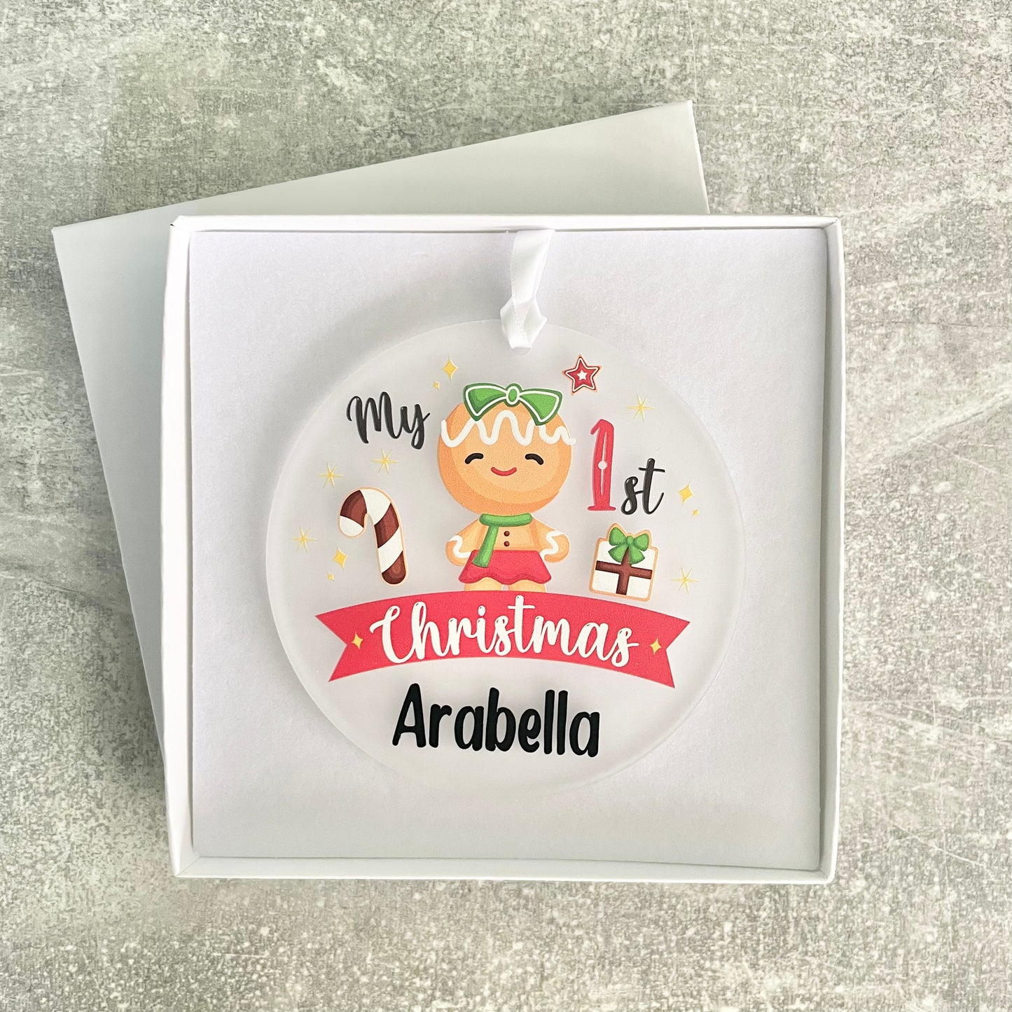 Baby first Christmas 2023 personalised tree decoration, gingerbread girl Xmas bauble, newborn Christmas present ideas