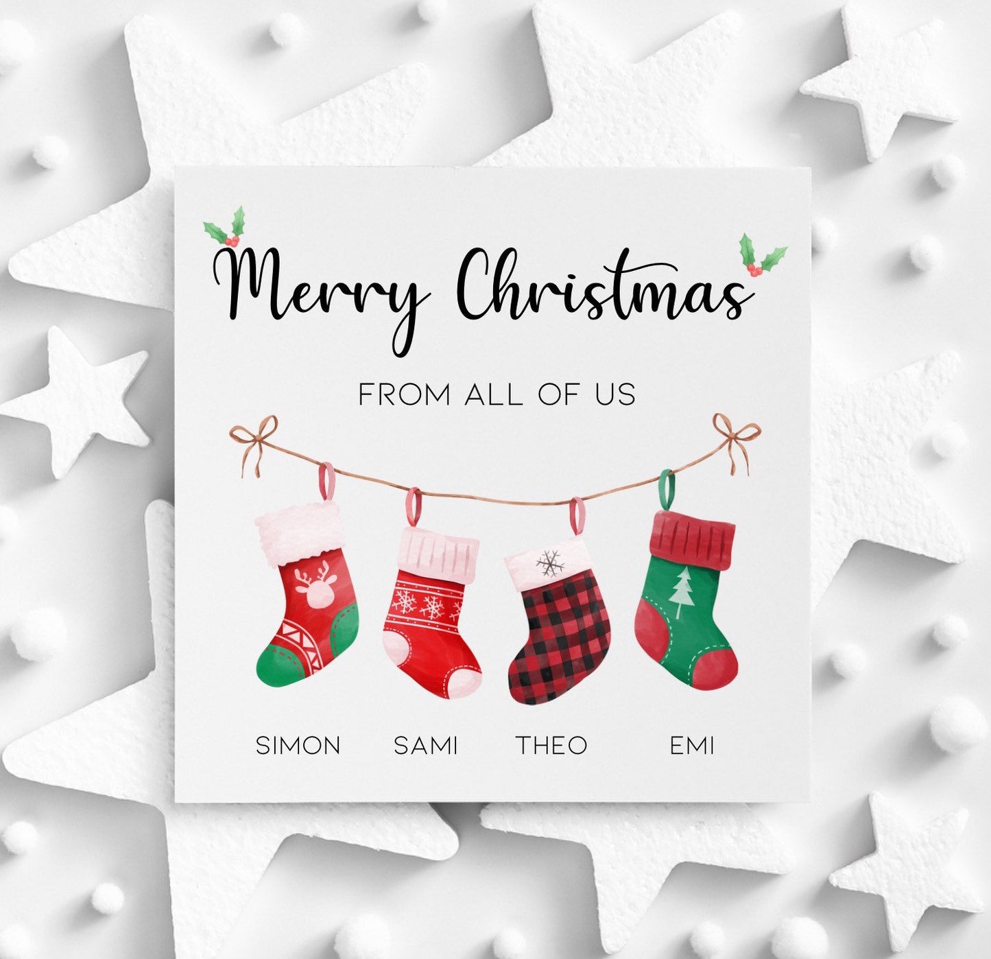 Merry Christmas from all of us, personalised family stocking Xmas cards, named stocking Xmas cards