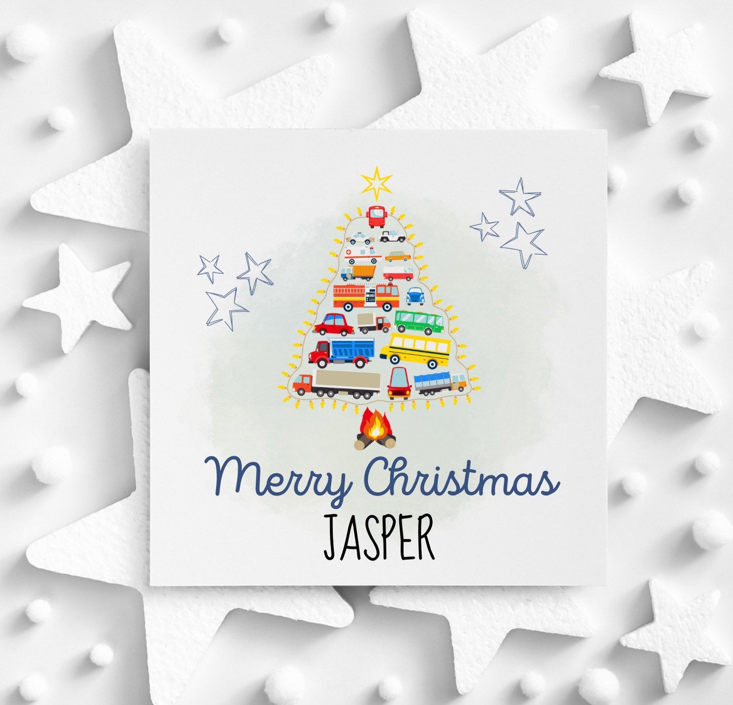 Boys Merry Christmas card, personalised grandson Xmas card, toy truck, cars and vehicles christmas card
