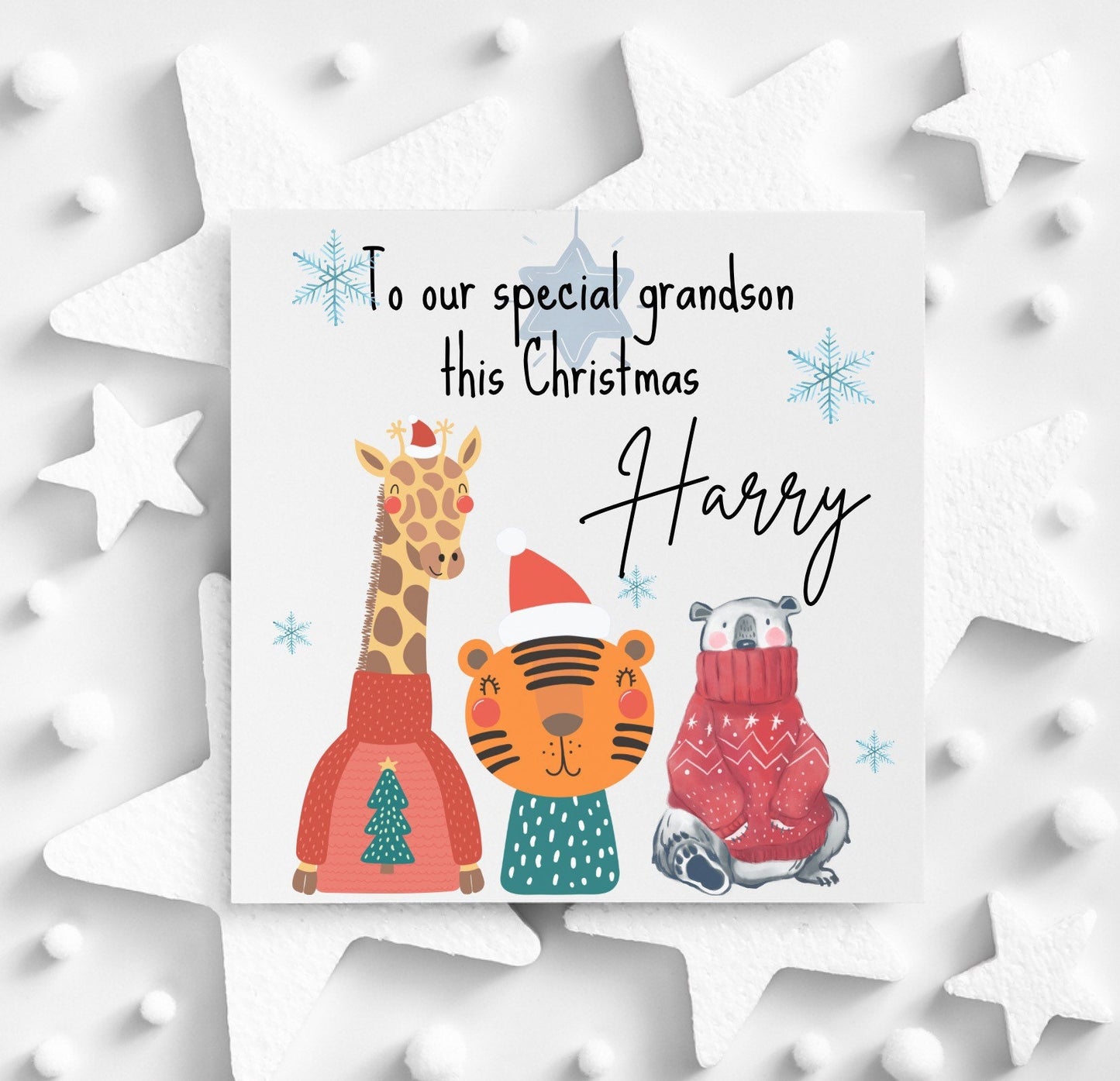 Happy Christmas to our grandson card, personalised animal Christmas cards for grandkids, safari animal Xmas cards for children