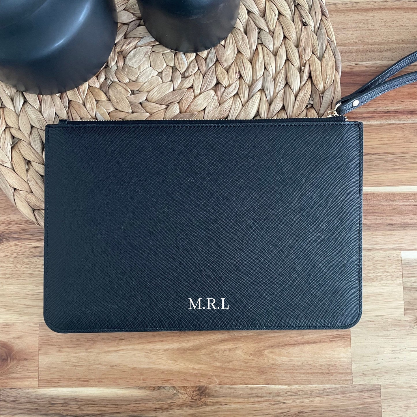 Black leather clutch handbag, Christmas party outfit handbag, personalised pouch with initials on, best friend or sister birthday gift