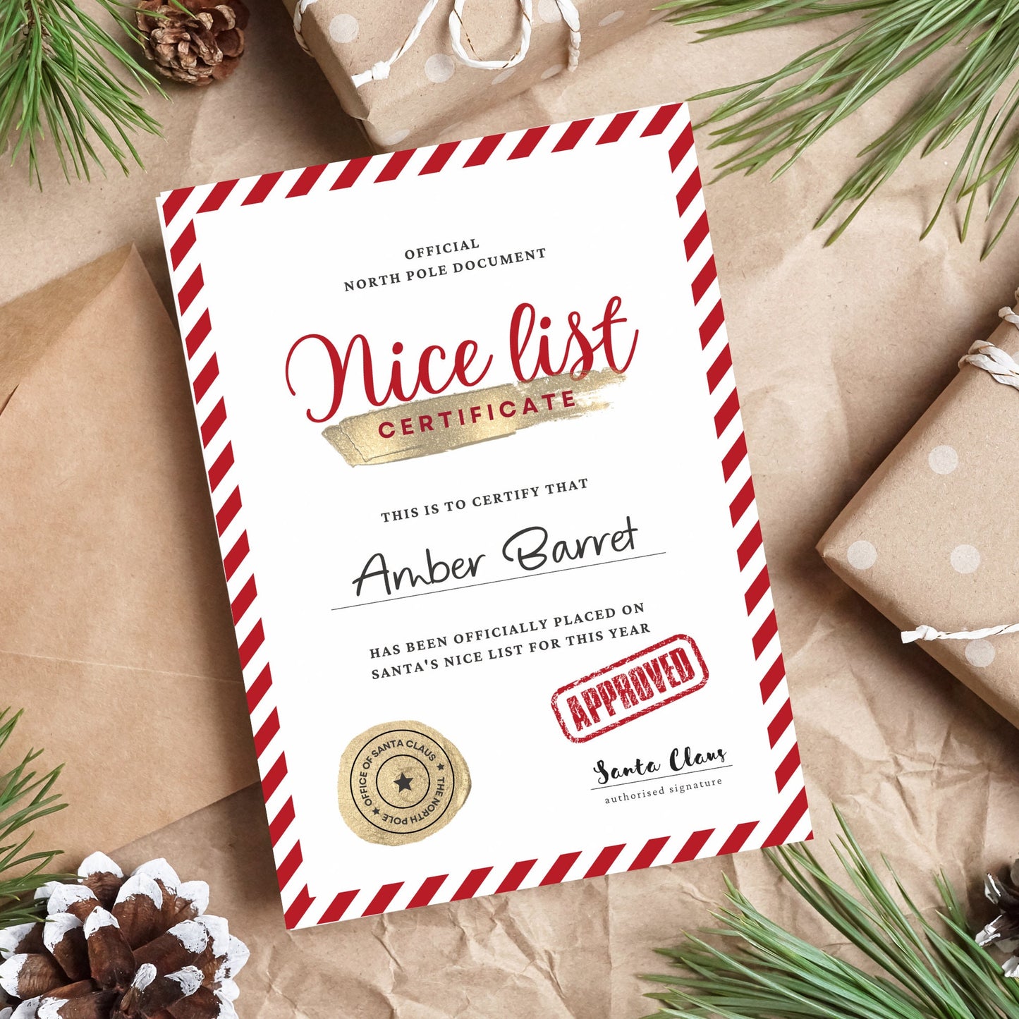 Nice List Certificate, personalised childrens certificate to say theyre on santas good list this christmas. A4 print with gold details