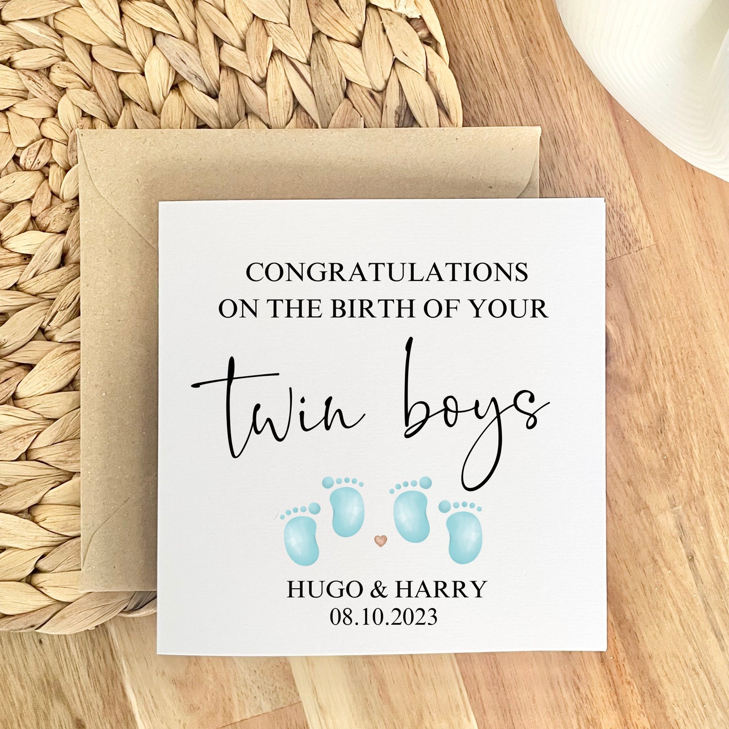 Congratulations on birth of your twin boys, personalised baby twin sons card, congrats on twin babies, daughter & son in law having twins