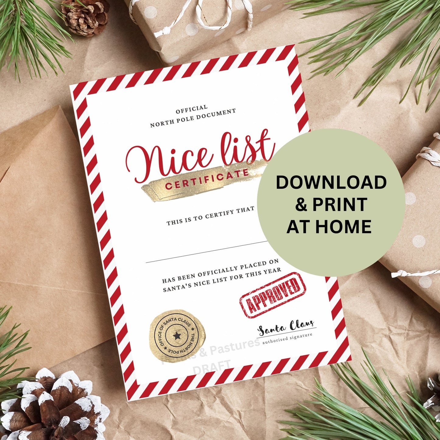 Nice List Certificate Printable, Digital download santa nice list certificate. North pole good list letter approved by Santa