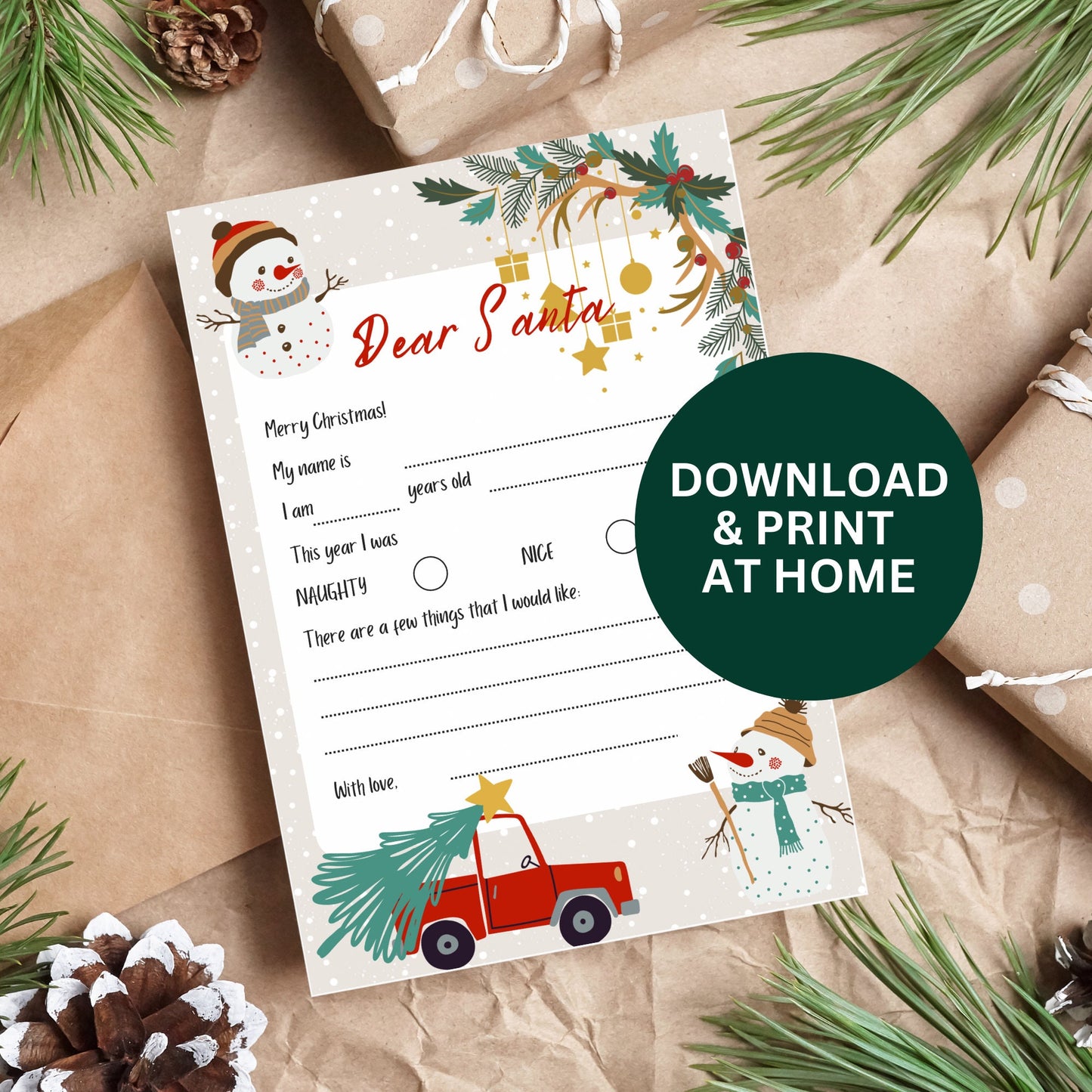 Printable Dear Santa Letter, kids letter to father christmas, snowman design, christmas printable PDF digital downloads