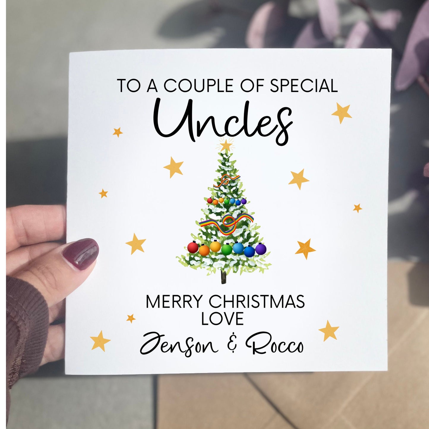 Merry Christmas Uncles card, personalised LGBTQ Xmas card for couple of uncles from children, pride rainbow Christmas tree card