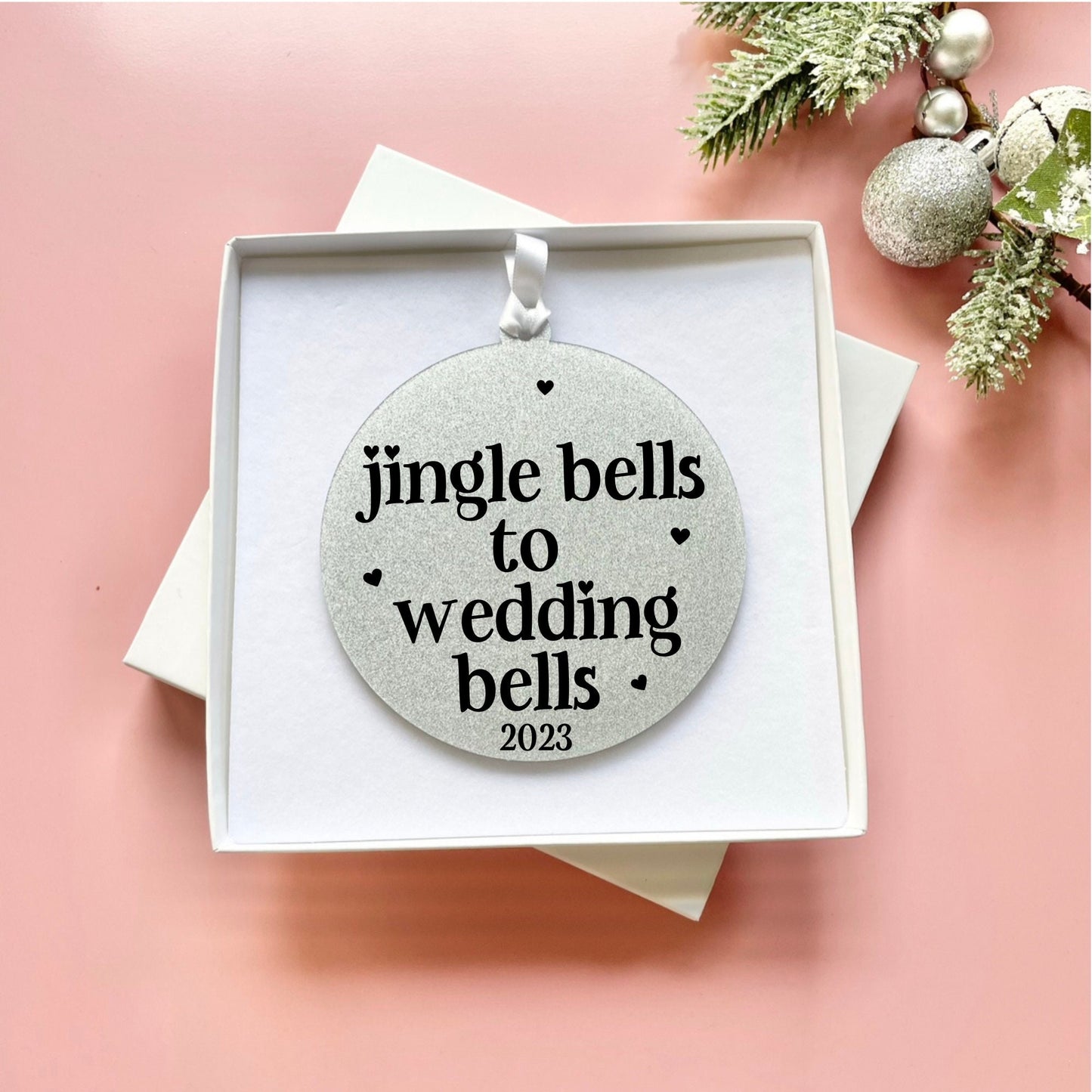 Jingle bells to wedding bells Christmas decoration bauble for last Christmas as mr and miss, LGBTQ couples getting married in 2025