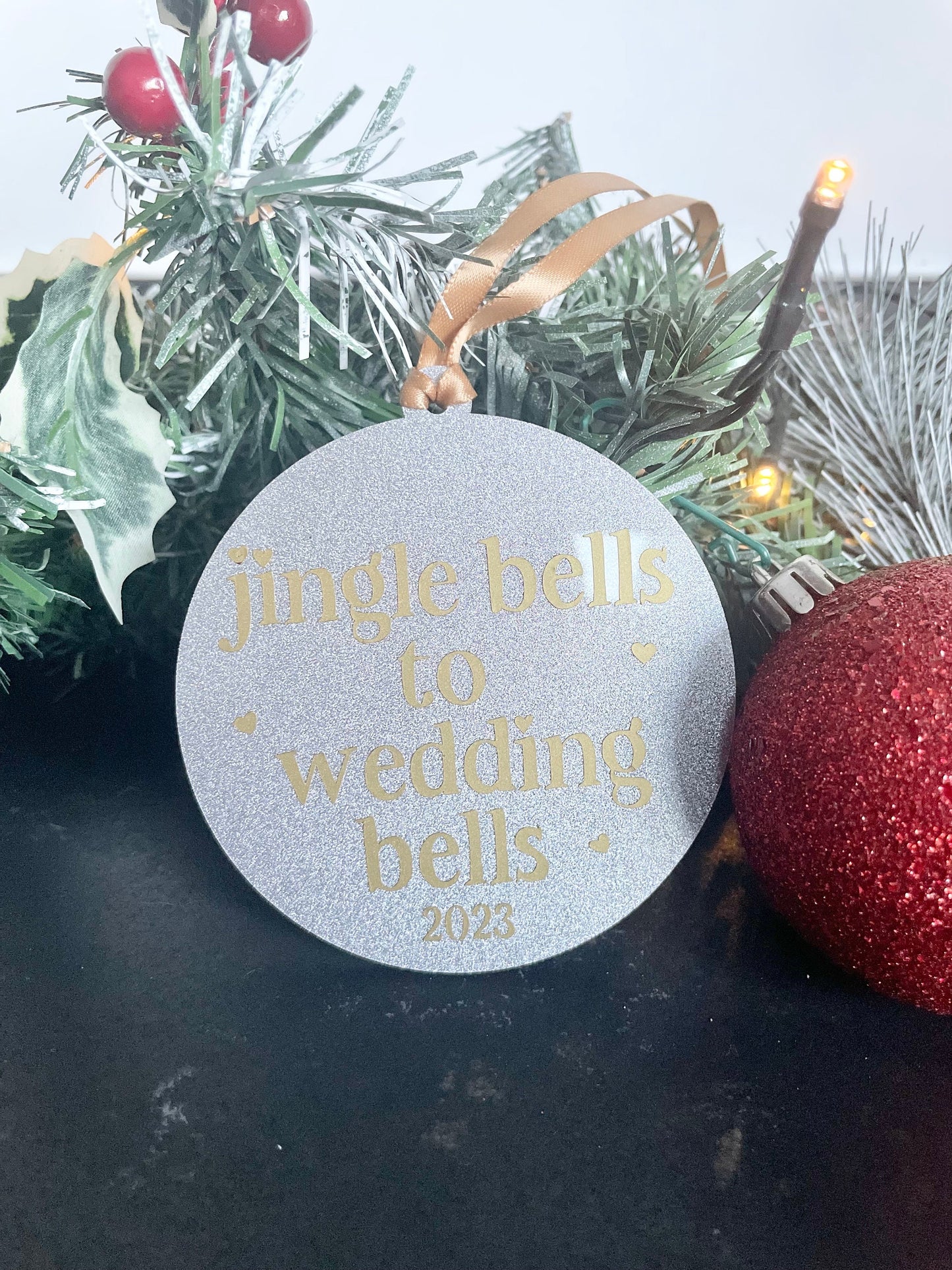 Jingle bells to wedding bells Christmas decoration bauble for last Christmas as mr and miss, LGBTQ couples getting married in 2025