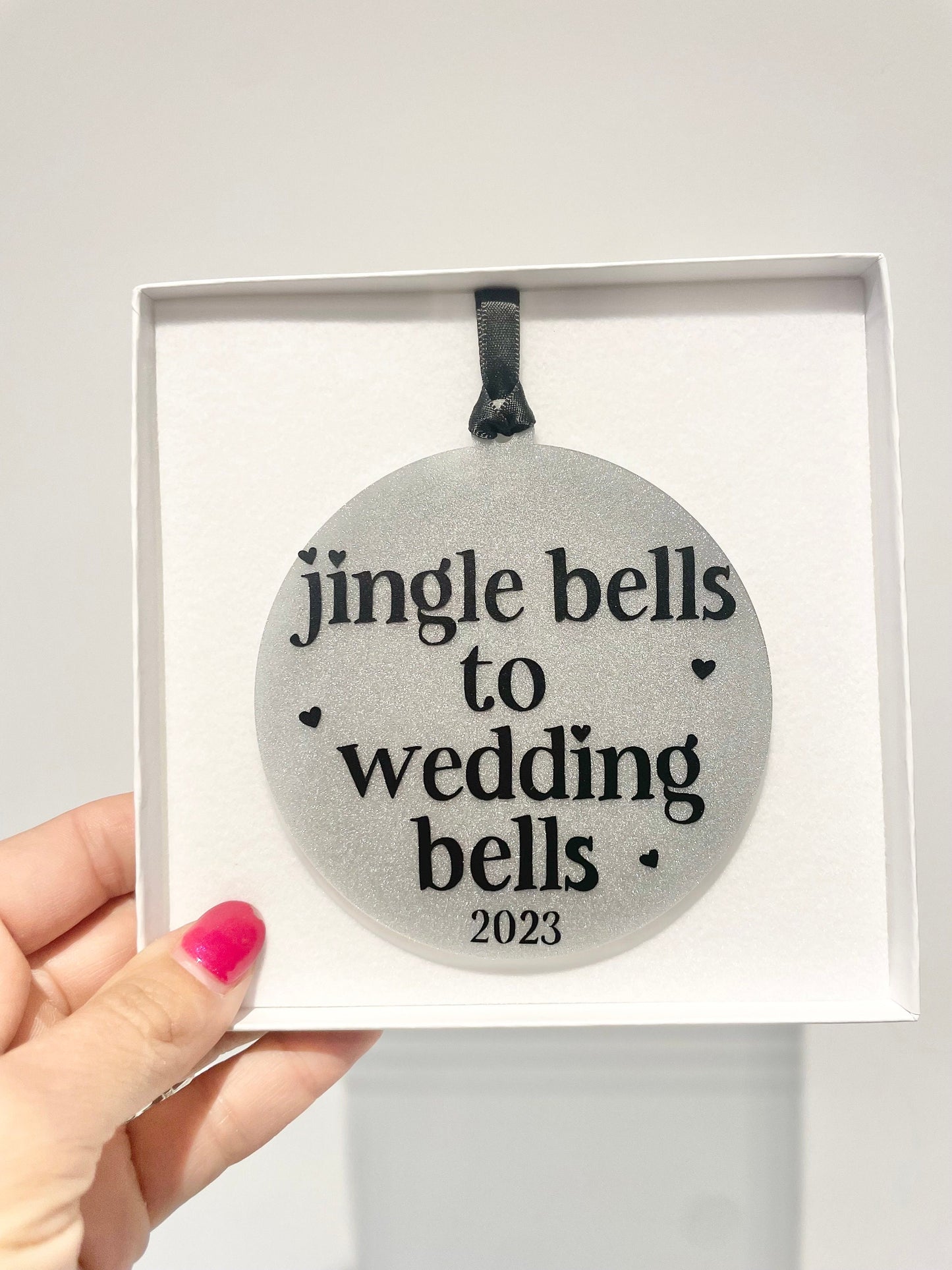 Jingle bells to wedding bells Christmas decoration bauble for last Christmas as mr and miss, LGBTQ couples getting married in 2025