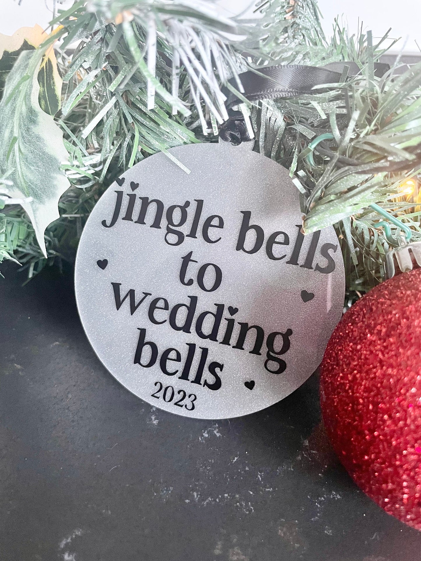 Jingle bells to wedding bells Christmas decoration bauble for last Christmas as mr and miss, LGBTQ couples getting married in 2025