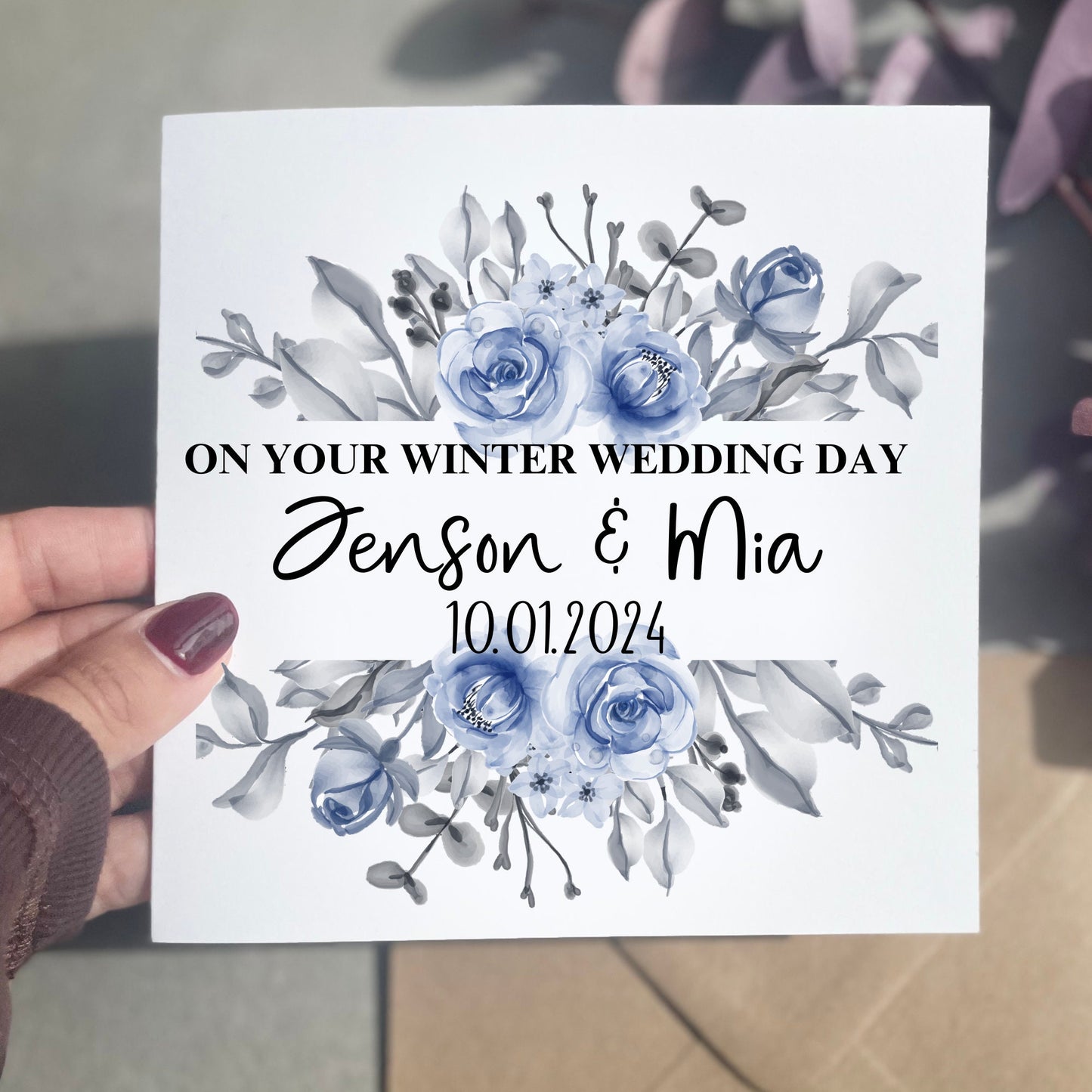 On your wedding day card, winter blue flowers / Christmas wedding card personalised couples name and wedding date, December January wedding