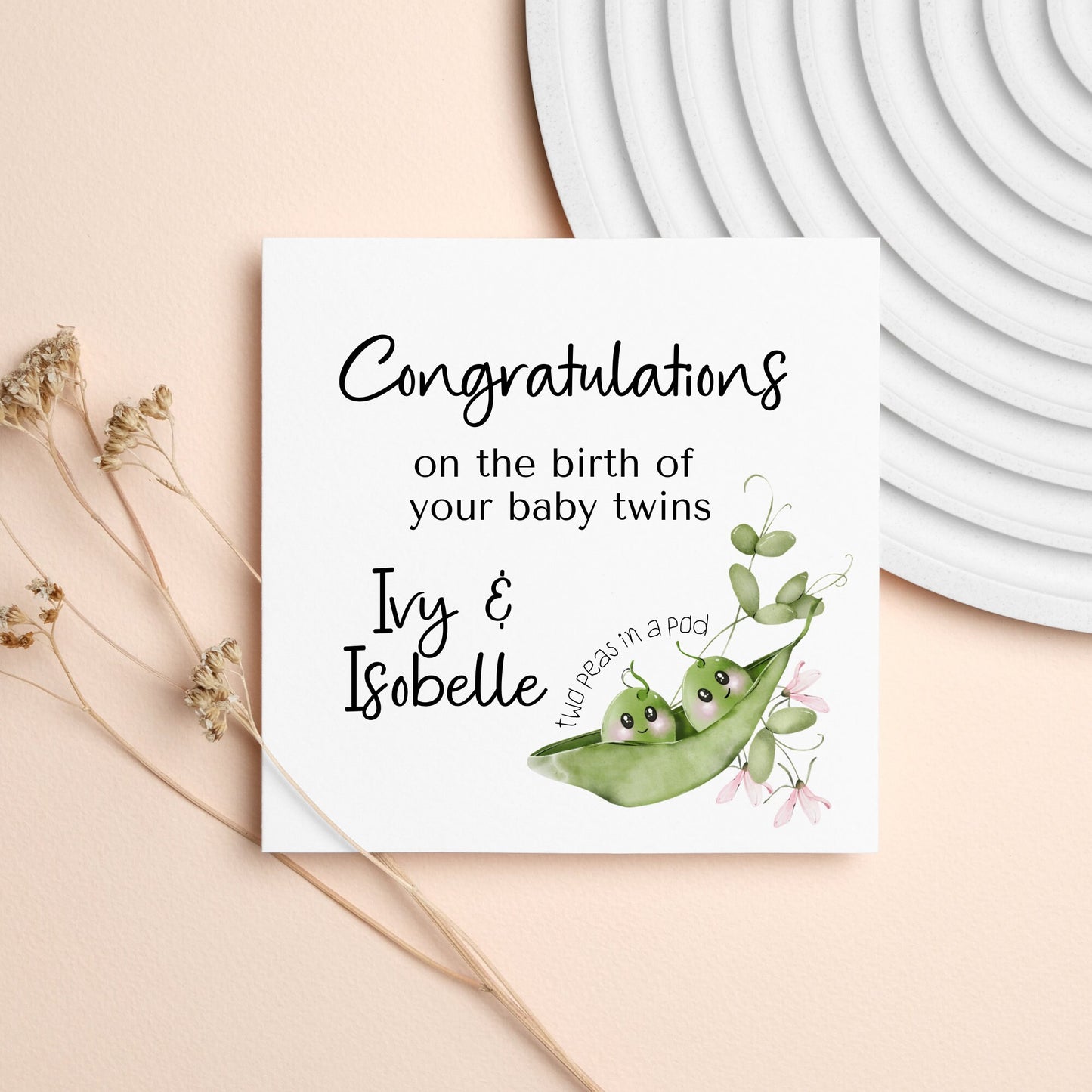 New Baby Twins Card, Personalised Congratulations Card for Newborn Twins, 2 Peas in a Pod, Grandchildren Twins Card