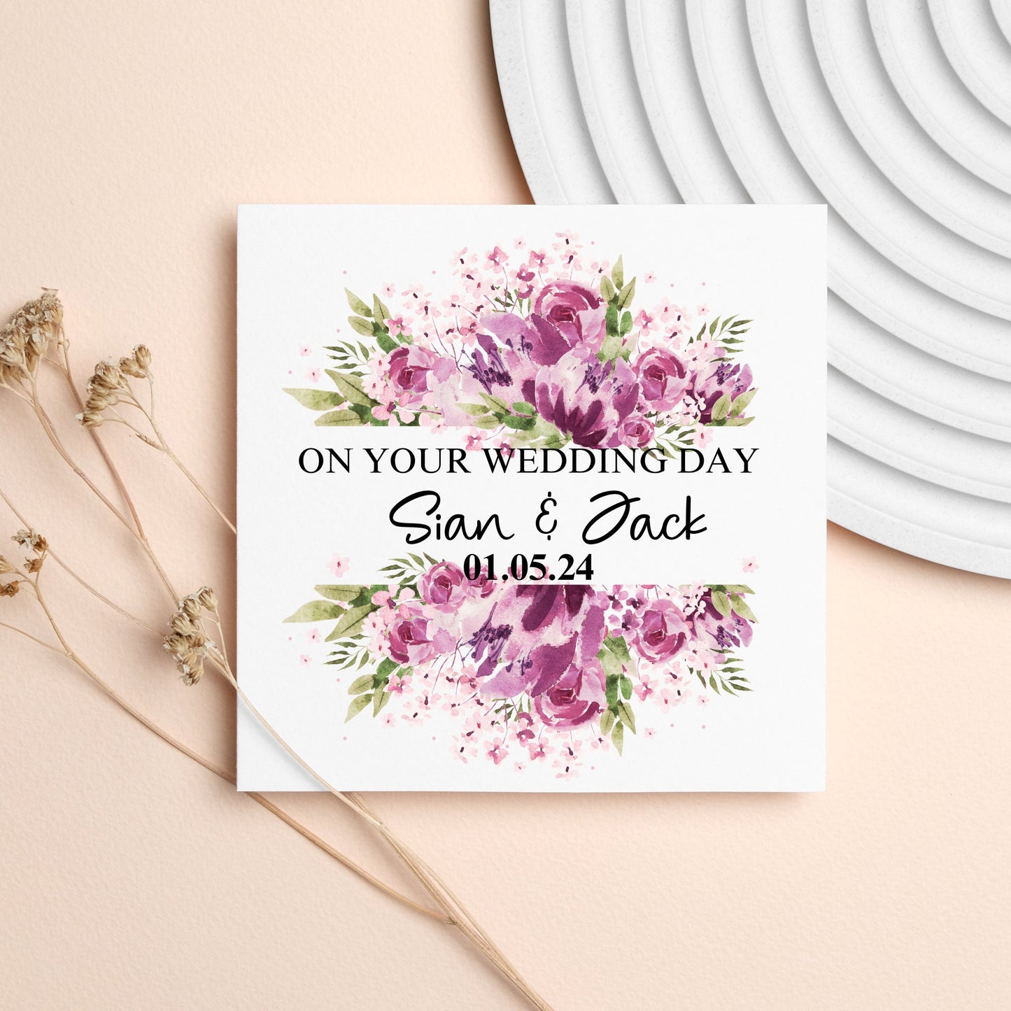 On your Wedding Day Card, Personalised Spring Summer Wedding, Friend Wedding Card, Pink Flower Floral Wedding Day Card