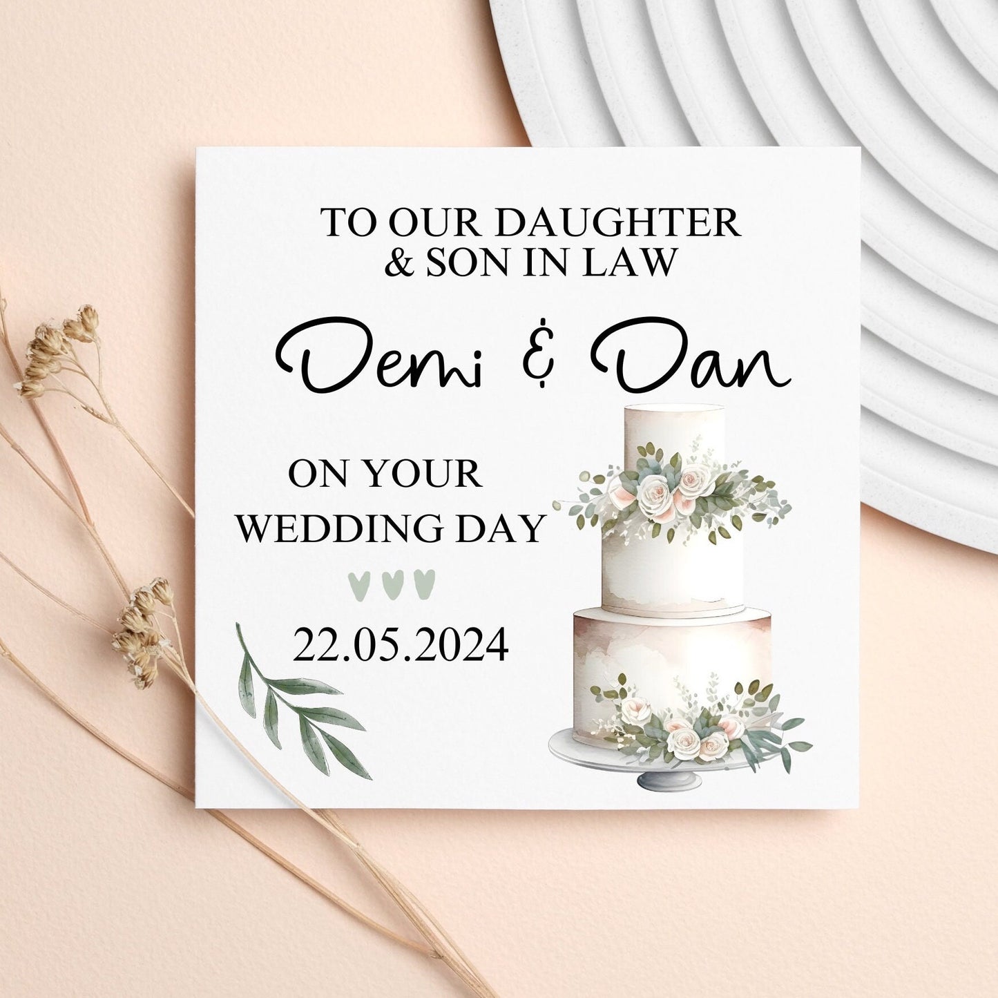 To Daughter and Son in law on Wedding Day Card, Personalised Wedding day card, Wedding Cake Card, Sage Green and Eucalyptus Wedding