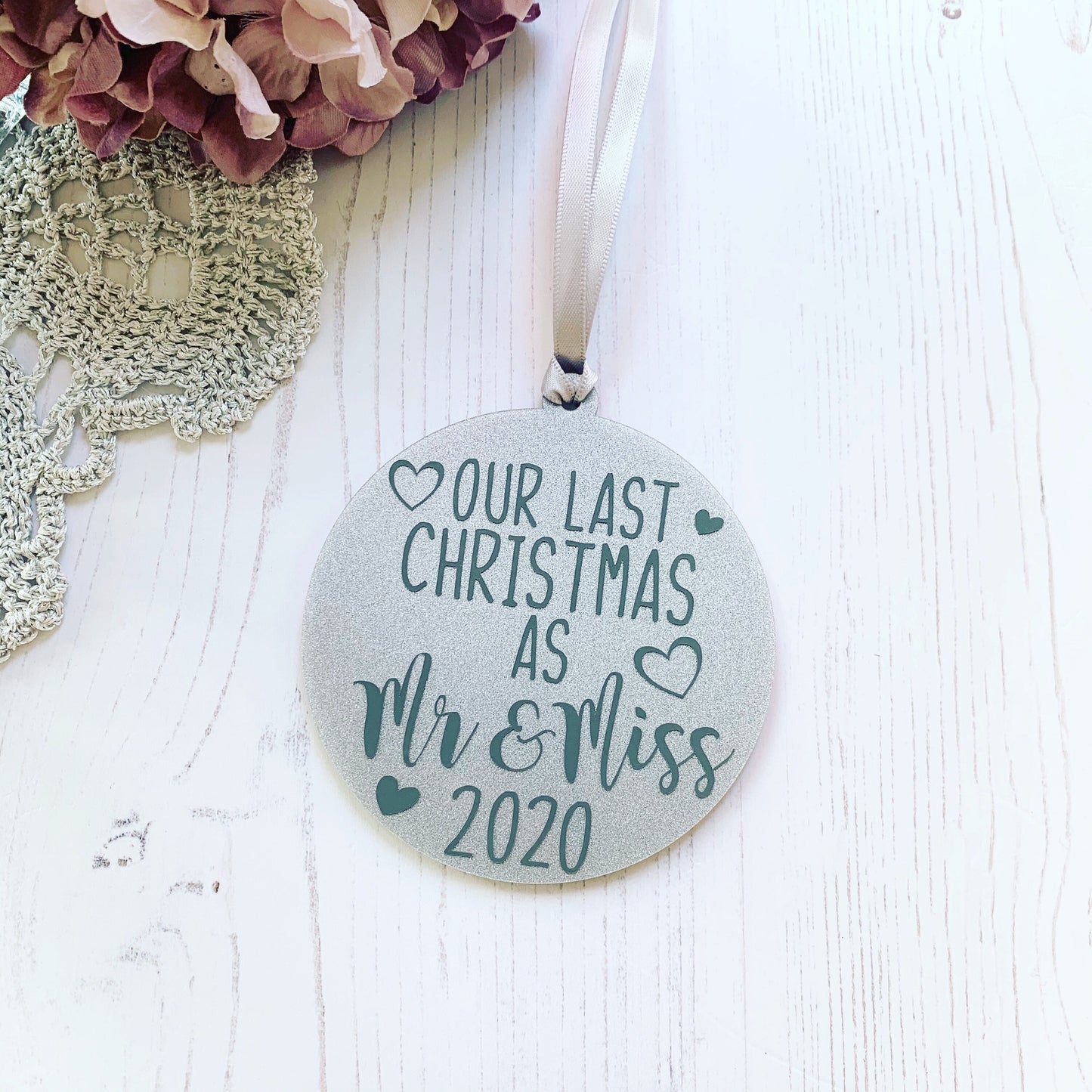 Last Christmas as Mr and Miss Xmas tree decoration, 2023 wedding gift, bauble for engaged couple, bride and groom Xmas gift