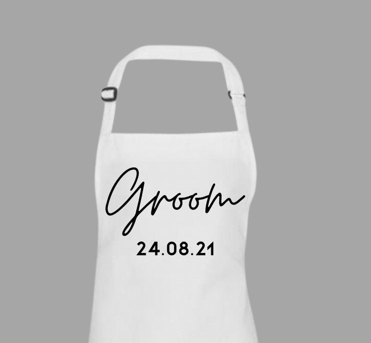 Wedding day apron, personalised white aprons for bride and groom, first meal as mr and mrs aprons, newlyweds gift, bride to be gift