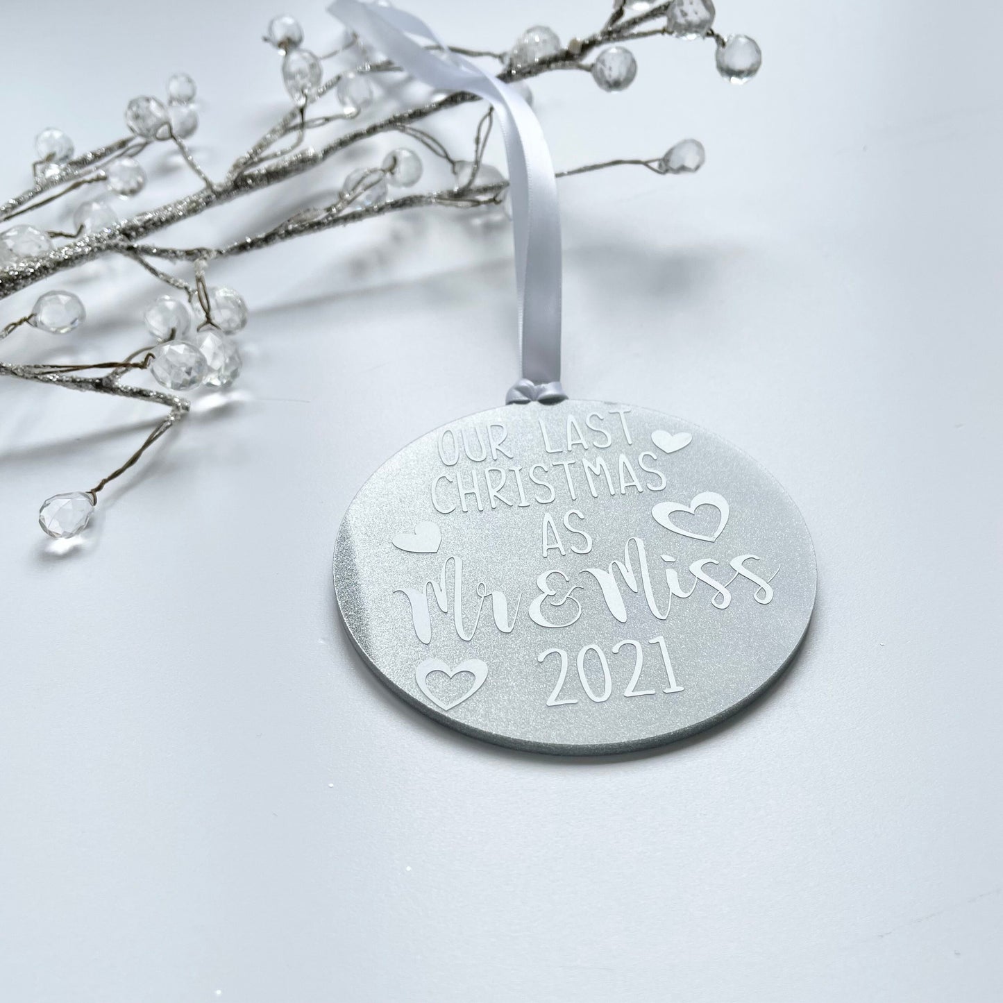 Last Christmas as Mr and Miss Xmas tree decoration, 2023 wedding gift, bauble for engaged couple, bride and groom Xmas gift
