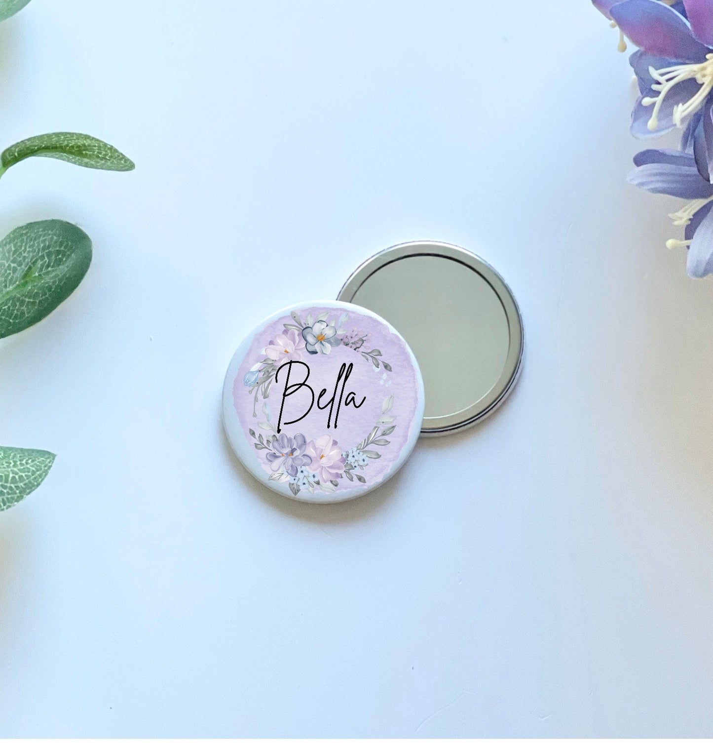 Personalised compact mirror, lilac flower pocket mirror, Christmas stocking fillers, make up gifts for her Xmas gifts, bridesmaid gifts,