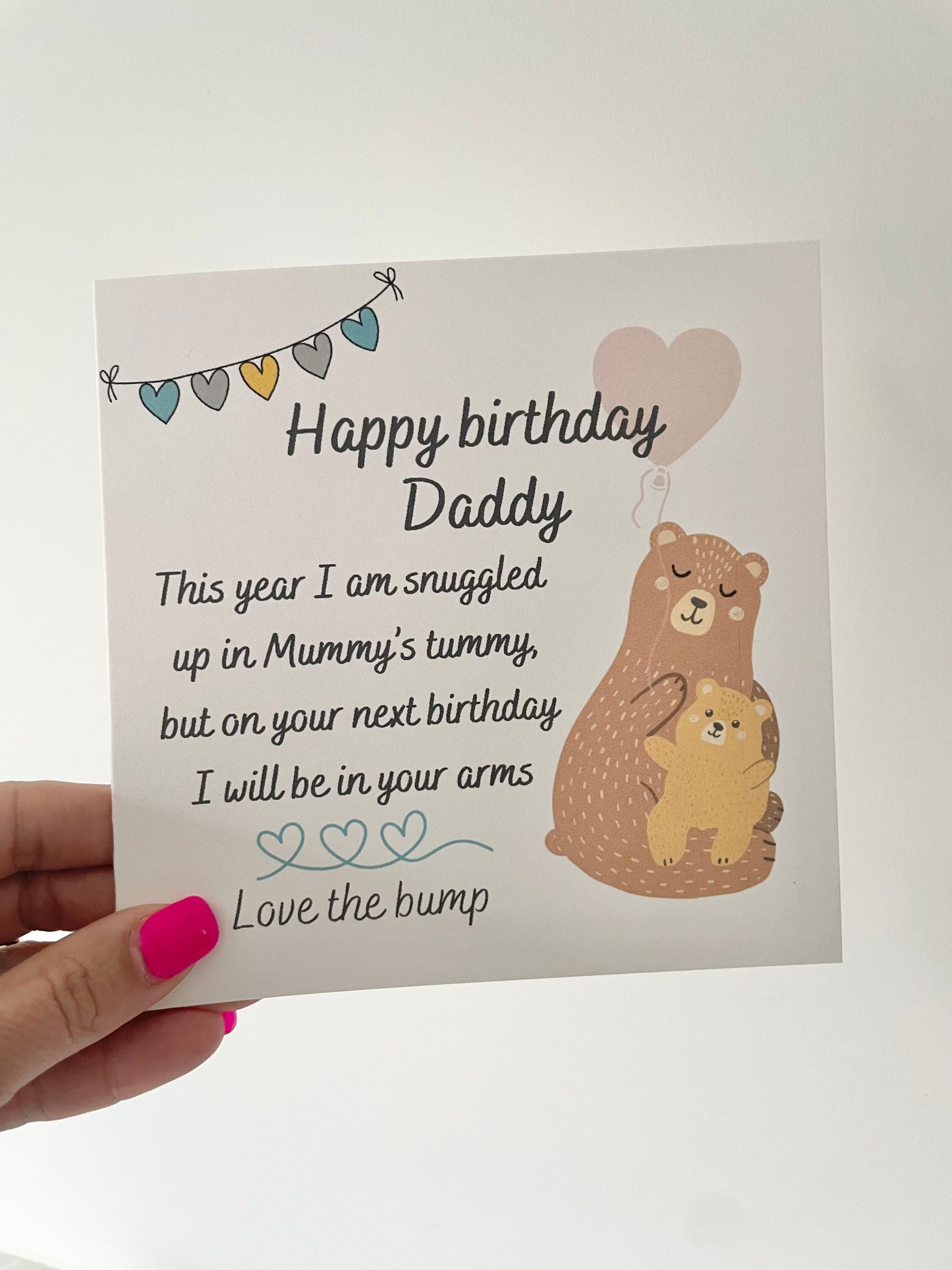 Happy birthday daddy to be from the baby bump, bear hugs from bump, birthday card to expectant dad from baby
