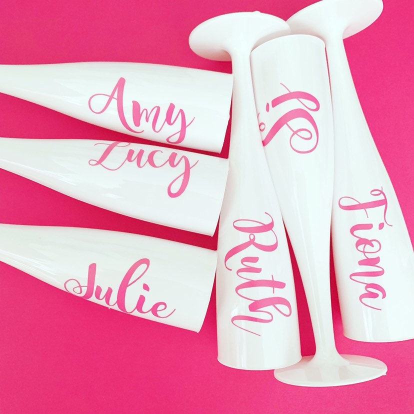 White Champagne Flutes, Custom Flutes for Hen Party, Wedding Morning Drinks, Bridesmaid Proposal Gift for Box,Named Glasses for Bachelorette