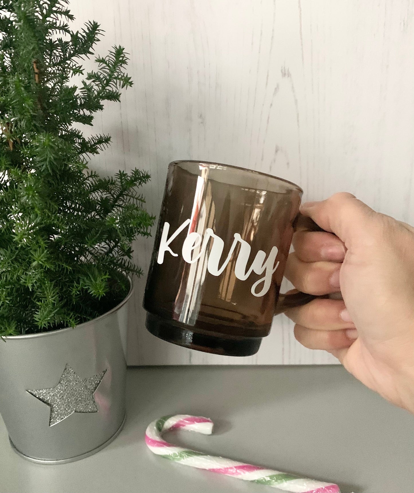 Personalised Smokey brown glass mug, Mum gift, Mother’s Day Gift for Mums and Grandma, Named Coffee Cups