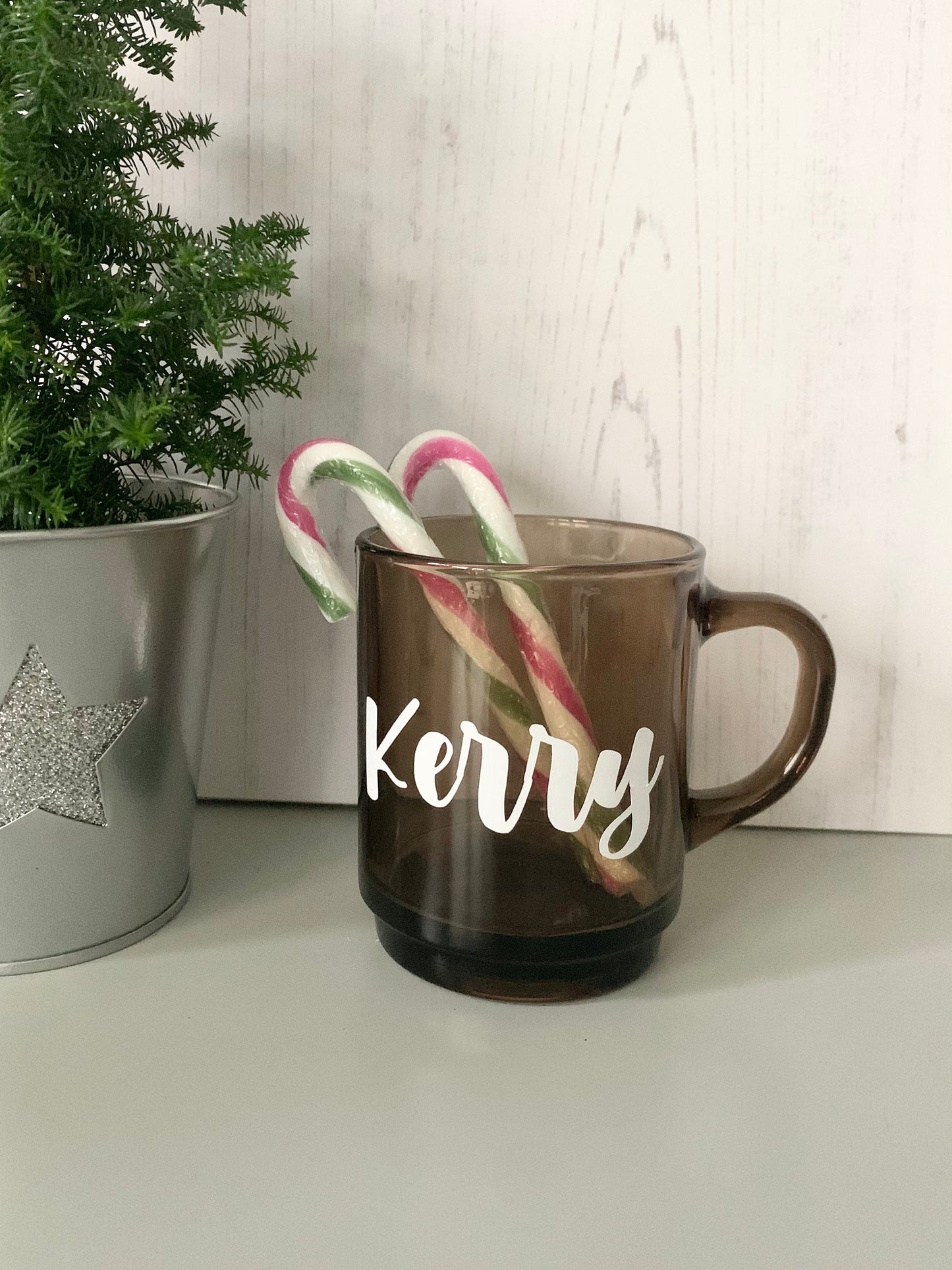 Personalised Smokey brown glass mug, Mum gift, Mother’s Day Gift for Mums and Grandma, Named Coffee Cups