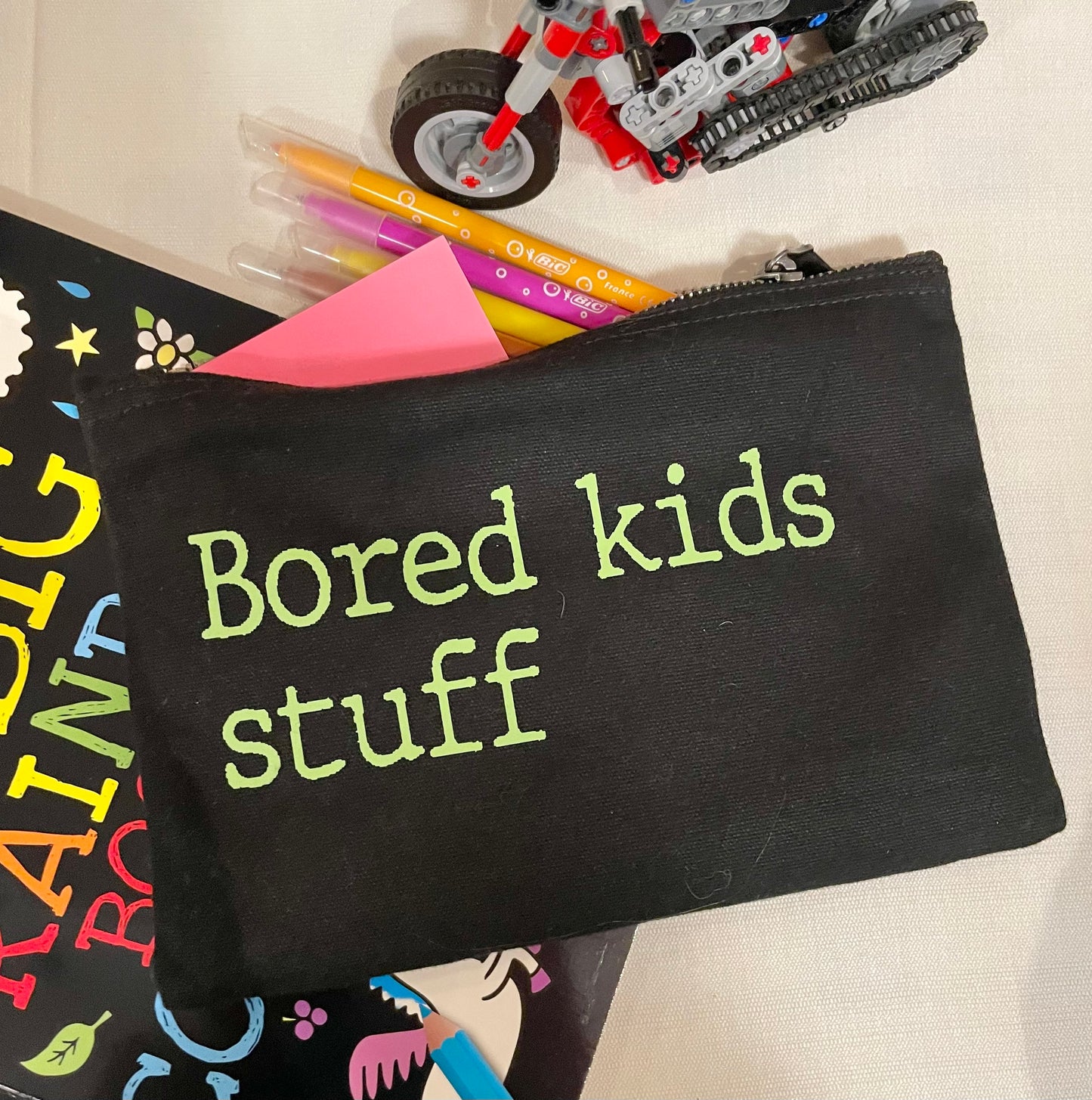 Kids stuff pouch, bored kids activity pack case, travel pouch for children, airplane and car travel with kids