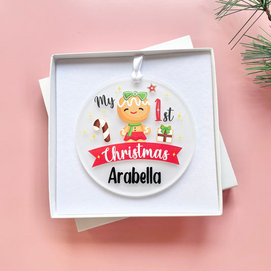 Baby first Christmas 2023 personalised tree decoration, gingerbread girl Xmas bauble, newborn Christmas present ideas