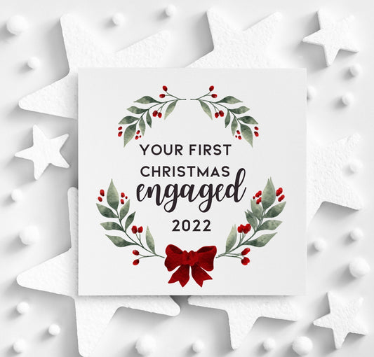Your first Christmas engaged 2024 greeting card, Xmas wreath and berry design card for son and daughter engaged, friend engaged at Christmas