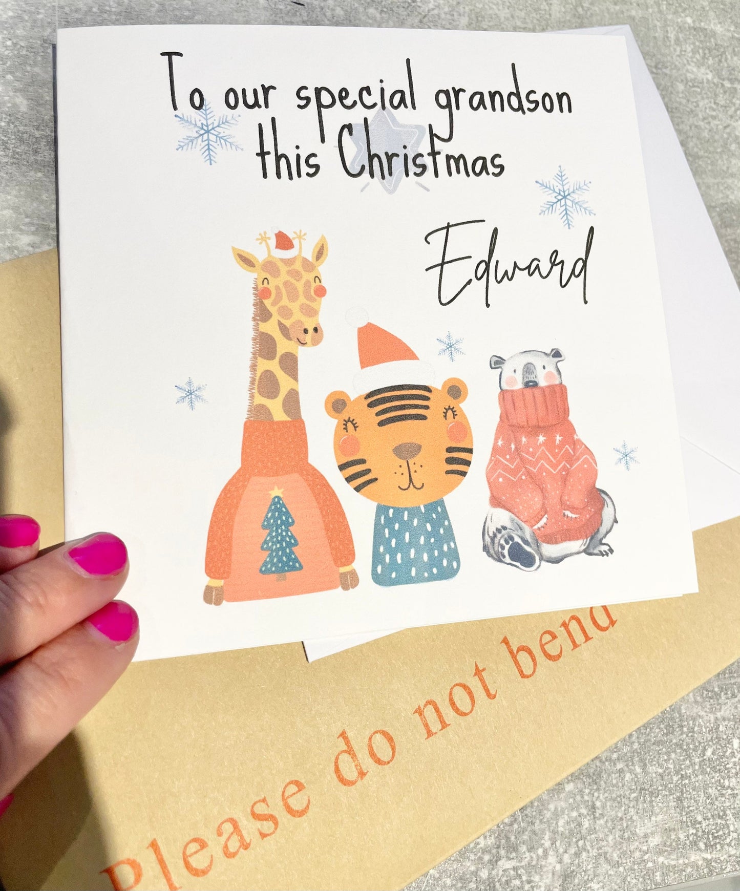 Happy Christmas to our grandson card, personalised animal Christmas cards for grandkids, safari animal Xmas cards for children