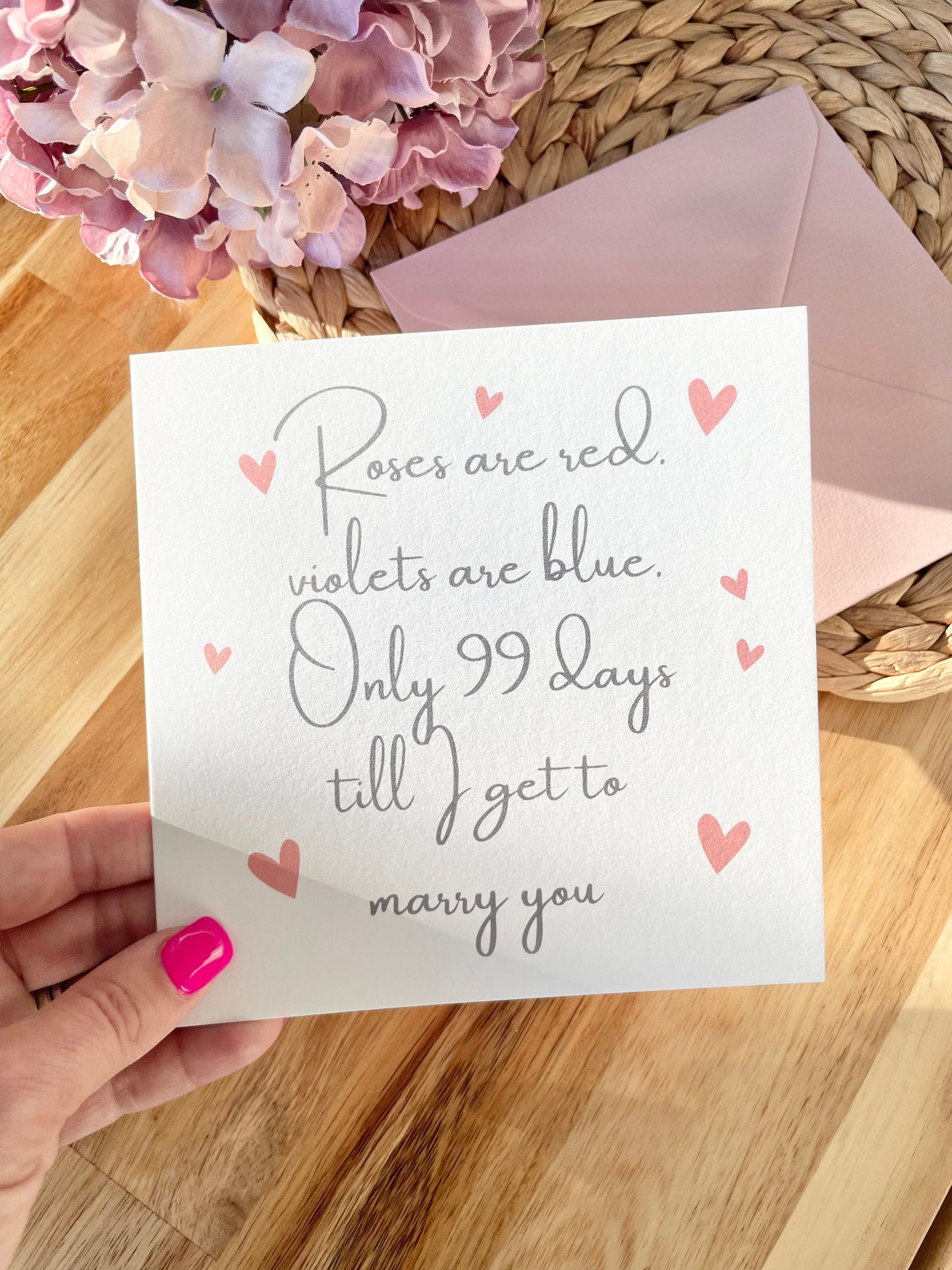 Roses are red, violets are blue Valentine’s Day card for engaged couples marrying in 2024. Personalised wedding countdown card for fiance