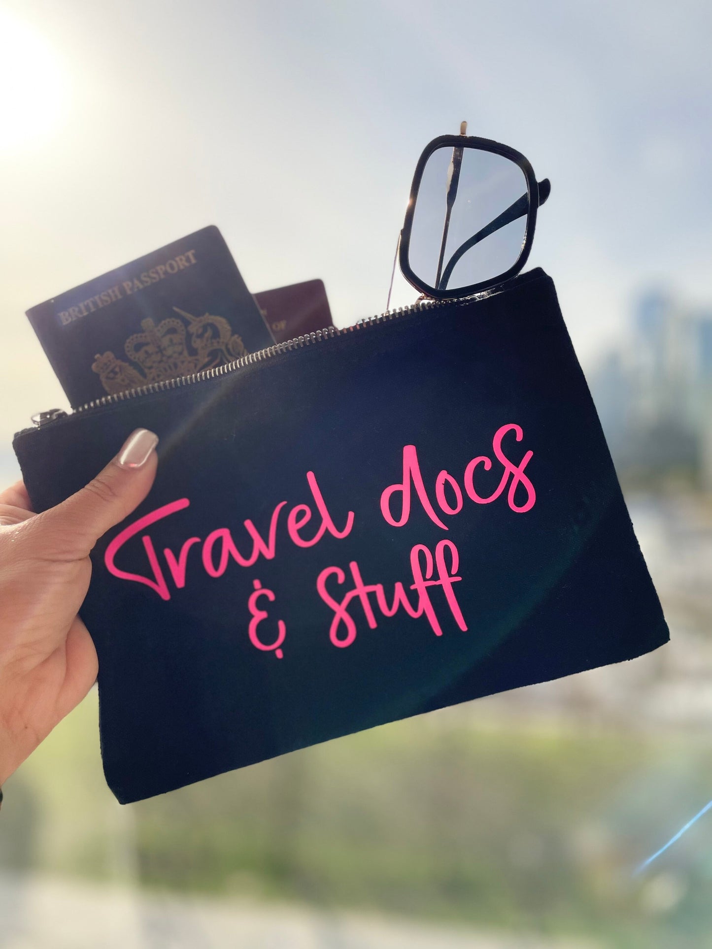 Travel docs pouch, cabin bag organiser, passport and tickets pouch, in flight bag, holiday essentials, gifts for traveller