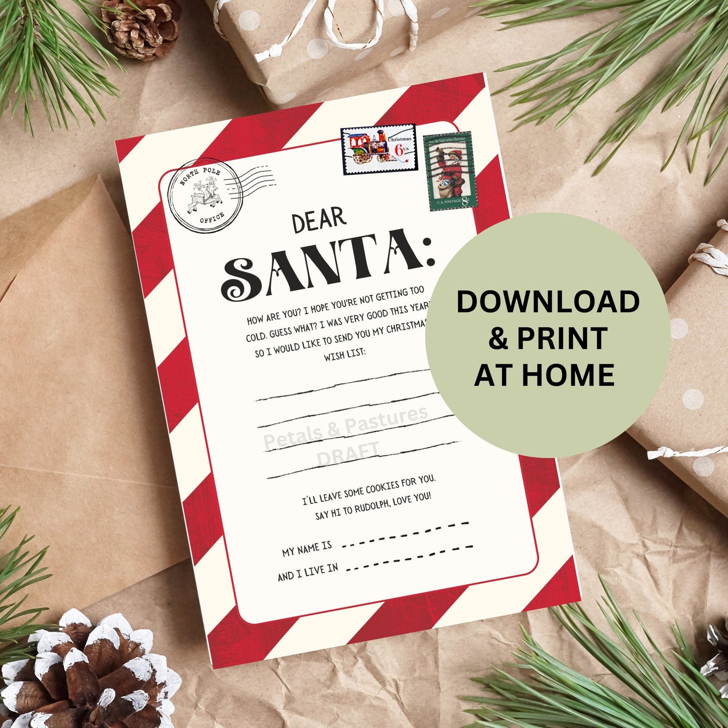 Printable Dear Santa Letter, kids letter to father christmas north pole, christmas printable PDF digital downloads