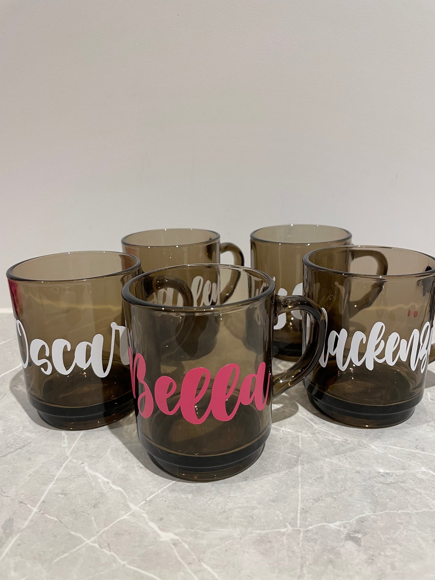 Personalised Smokey brown glass mug, Mum gift, Mother’s Day Gift for Mums and Grandma, Named Coffee Cups