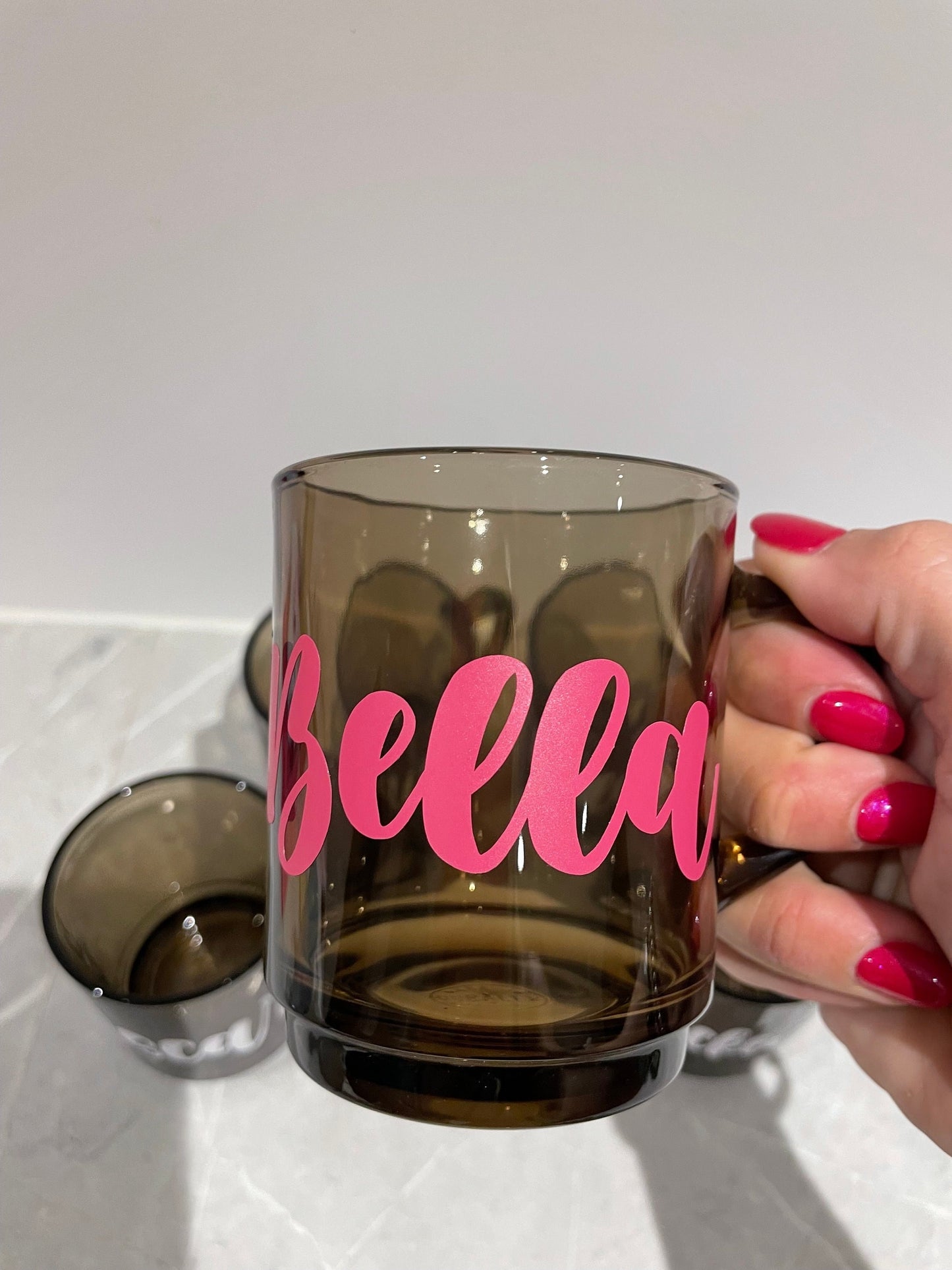 Personalised Smokey brown glass mug, Mum gift, Mother’s Day Gift for Mums and Grandma, Named Coffee Cups