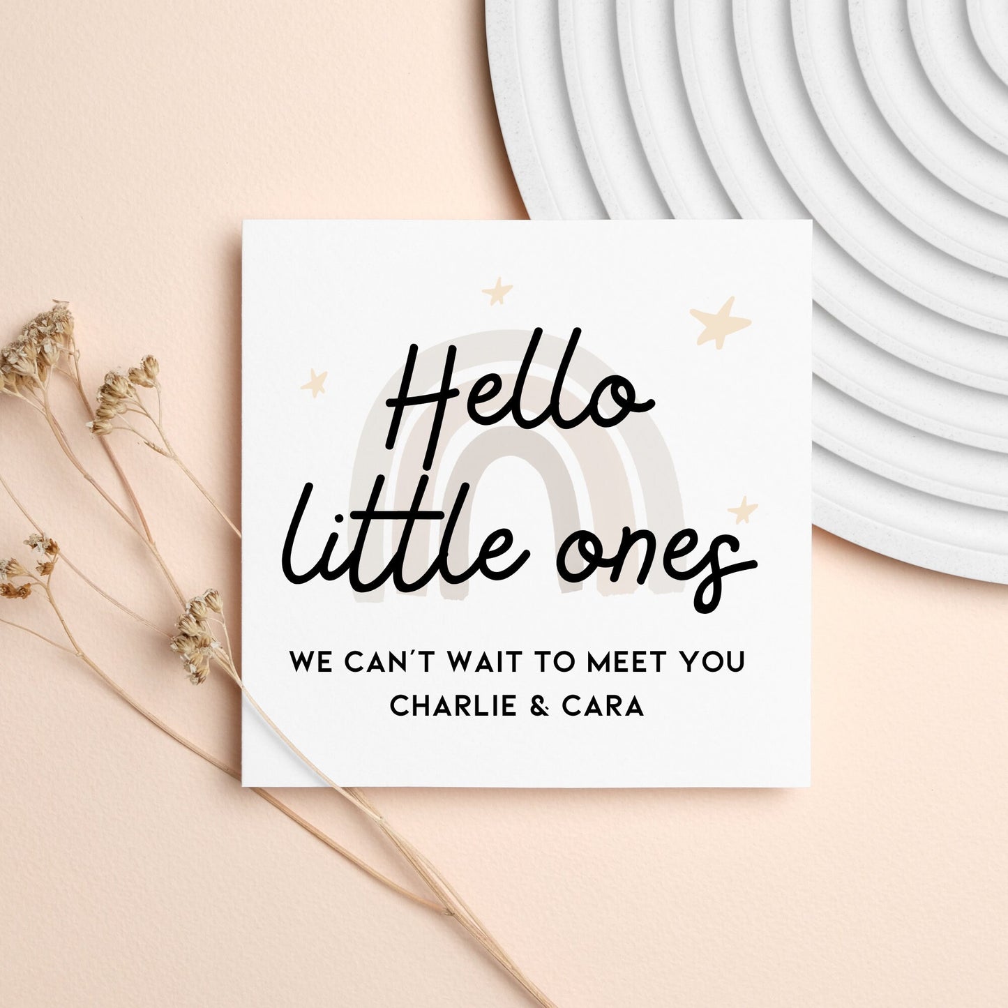 New Baby Twins Card, Hello Little Ones, Personalised Neutral Rainbow Colour Baby Twin Card, Baby Shower Card, Can’t wait to meet you Twins
