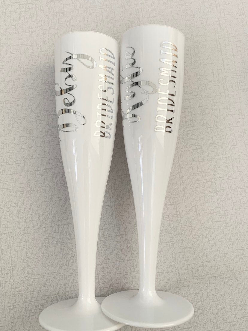 White personalised flute, champagne flute, plastic wine glass, hen party glasses, hen weekend plastic glasses, travel wine glasses