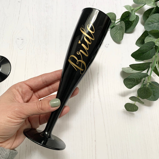 Black personalised flute, champagne flute, plastic wine glass, hen party glasses, hen weekend plastic glasses, travel wine glasses, stag do